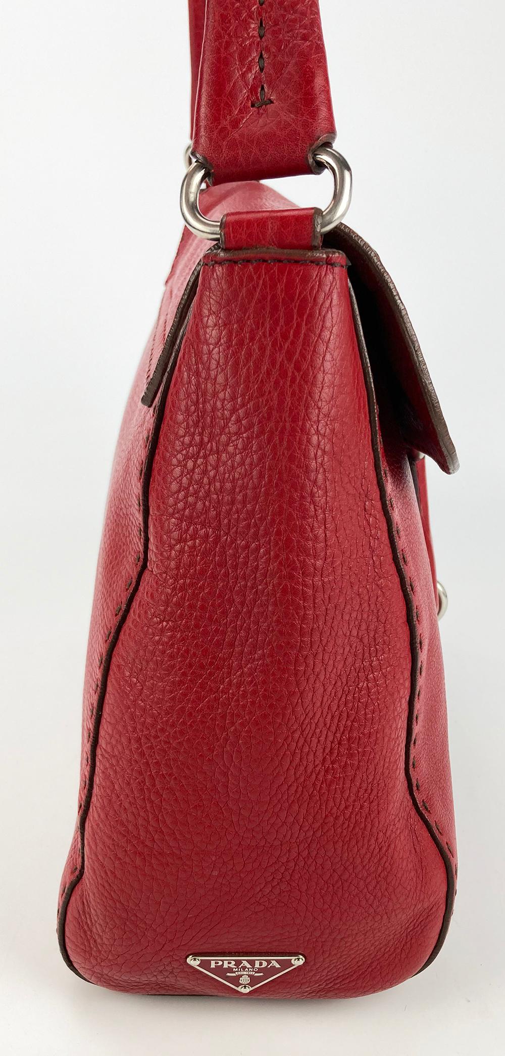 Prada Red Vitello Daino Semitracolla Bag in excellent condition. red calfskin leather exterior with dark top stitching throughout. silver hardware. top flap style. black nylon interior with one zipped side pocket. no stains smells or scuffs. clean