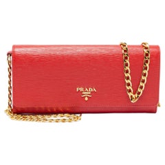 Prada Red Vitello Move Leather Wallet on Chain