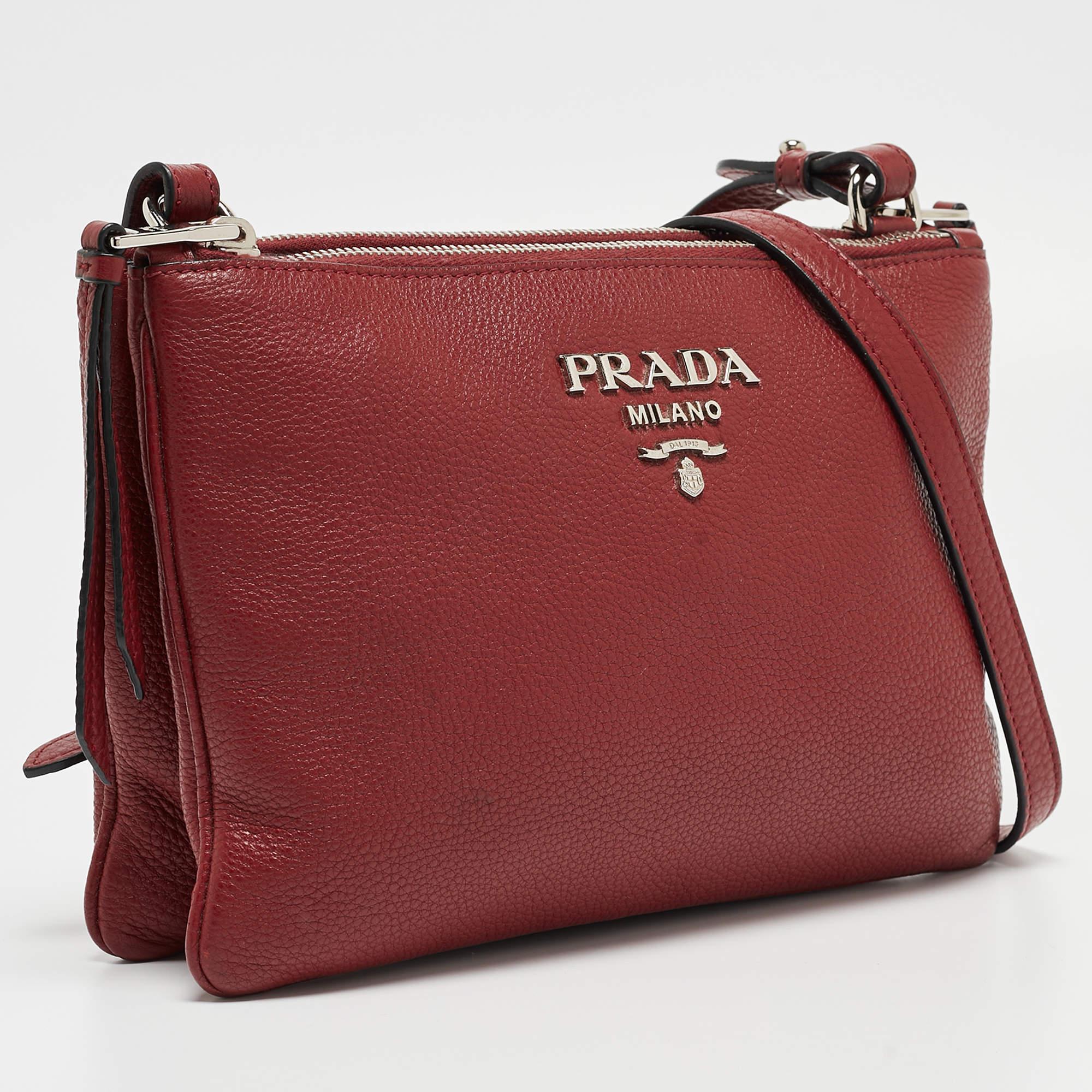 Prada Red Vitello Phenix Leather Double Zip Crossbody Bag For Sale 1