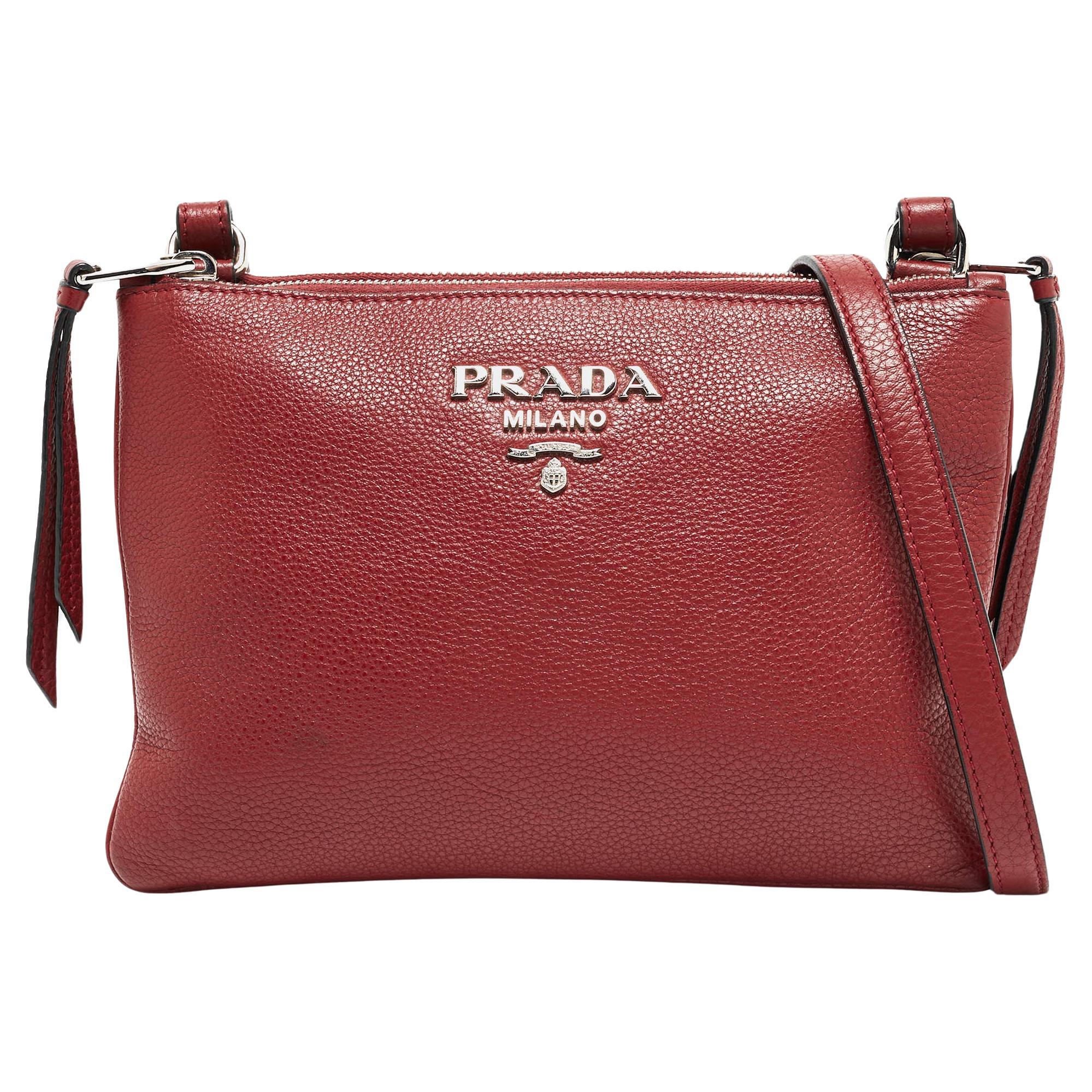Prada Red Vitello Phenix Leather Double Zip Crossbody Bag For Sale