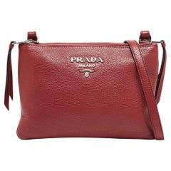Used Prada Red Vitello Phenix Leather Double Zip Crossbody Bag