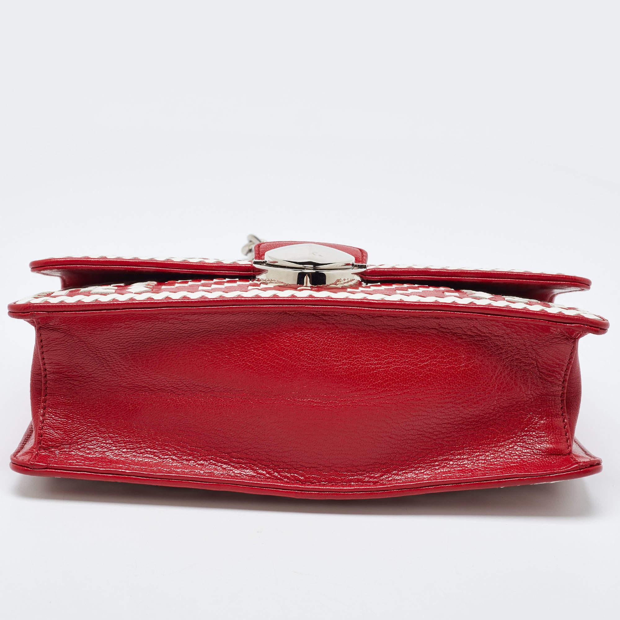 Prada Red/White Madras Woven Leather Pushlock Flap Bag 6