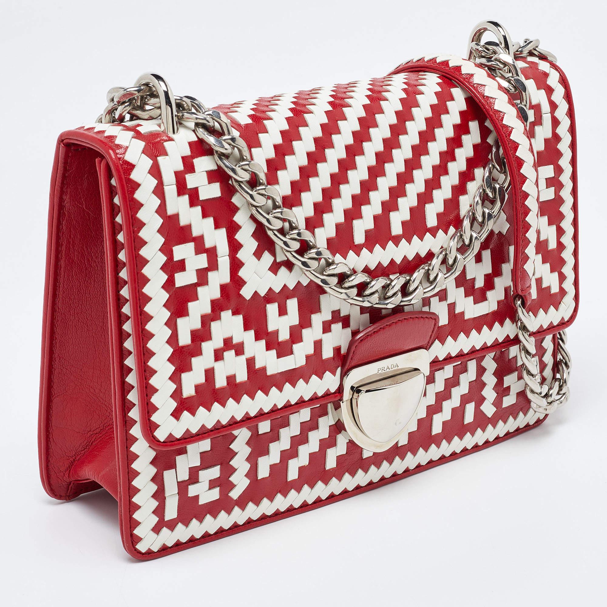 Prada Red/White Madras Woven Leather Pushlock Flap Bag For Sale 7