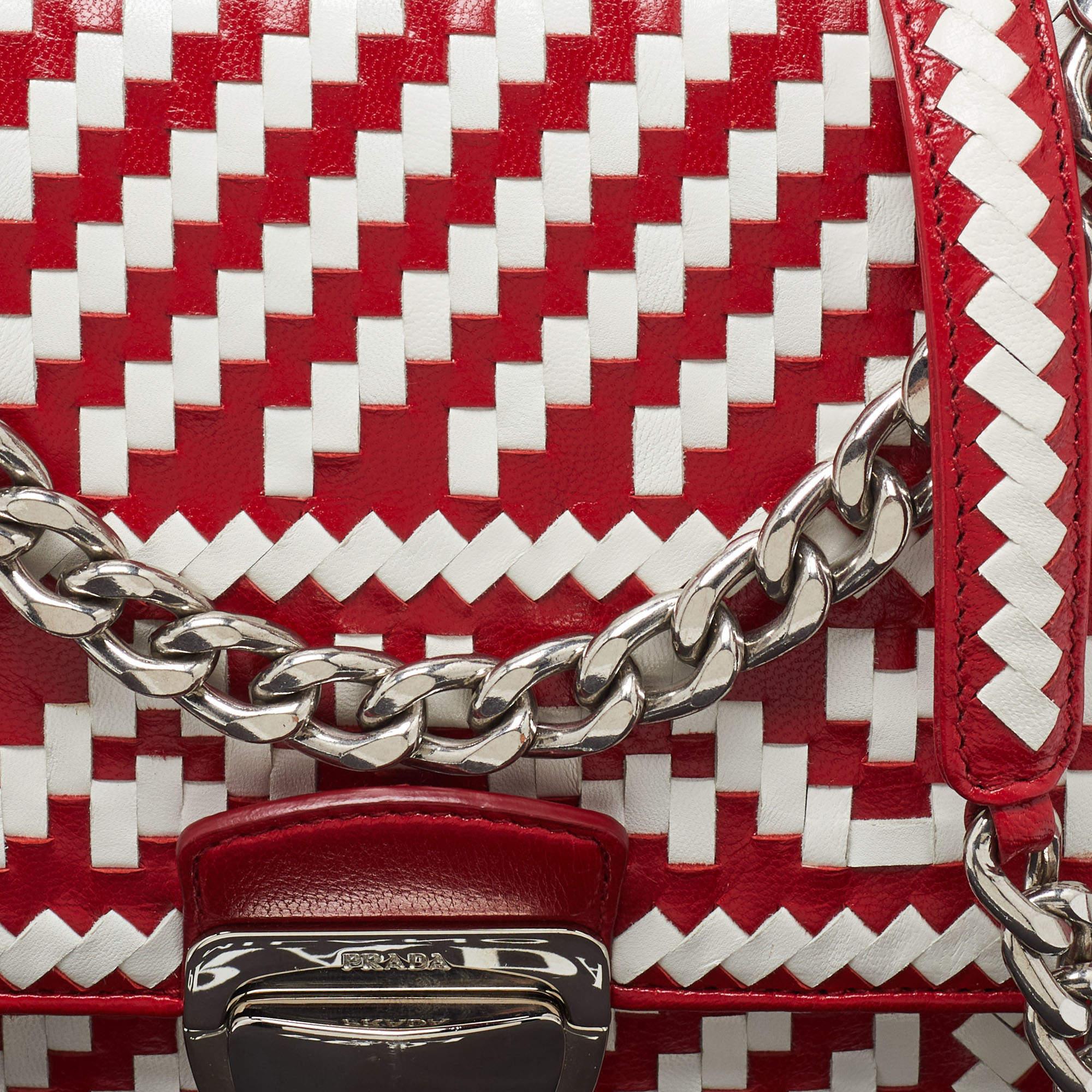 Prada Red/White Madras Woven Leather Pushlock Flap Bag For Sale 8