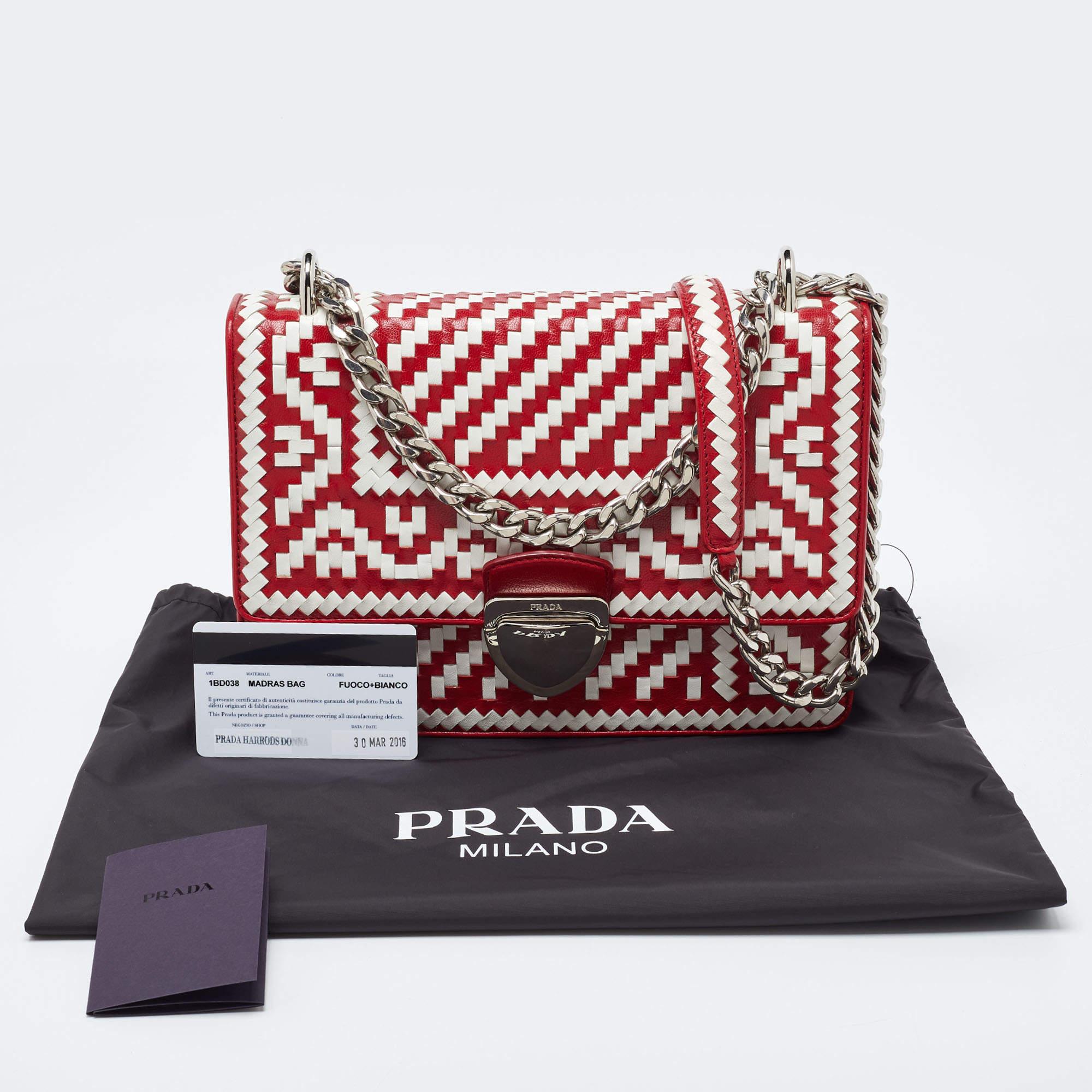 Prada Red/White Madras Woven Leather Pushlock Flap Bag For Sale 9