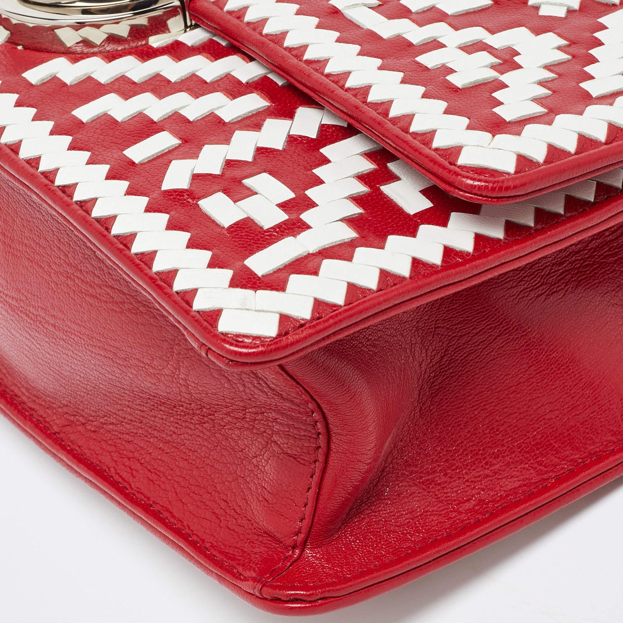 Prada Red/White Madras Woven Leather Pushlock Flap Bag 4