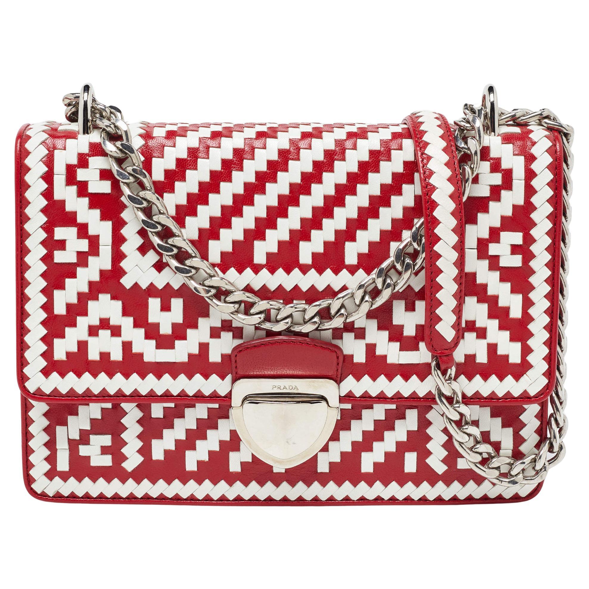 Prada Red/White Madras Woven Leather Pushlock Flap Bag For Sale