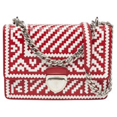 Prada Red/White Madras Woven Leather Pushlock Flap Bag