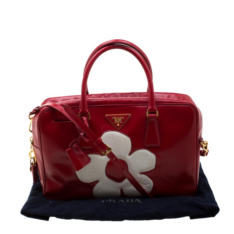 Prada Red/White Saffiano Patent Leather Bauletto Flower Top Handle Bag 5