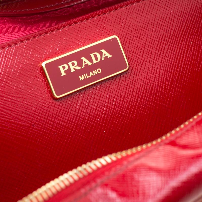 Women's Prada Red/White Saffiano Patent Leather Bauletto Flower Top Handle Bag
