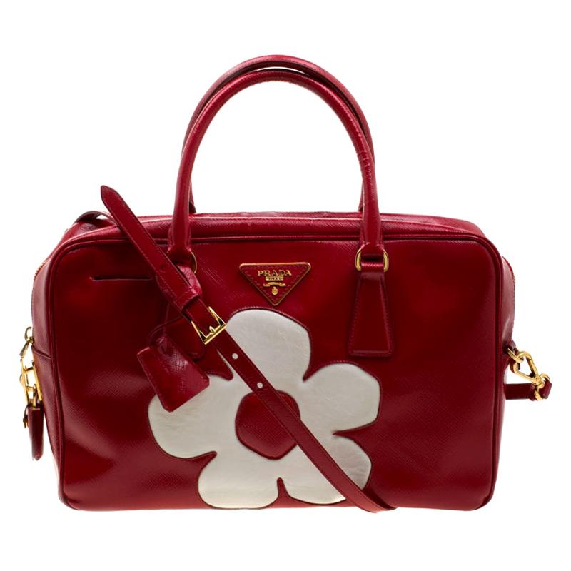 Prada Red/White Saffiano Patent Leather Bauletto Flower Top Handle Bag