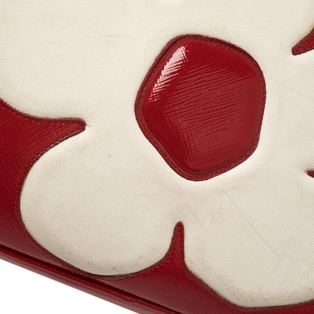Prada Red/White Vernice Saffiano Patent Leather Flower Bauletto Bag 4