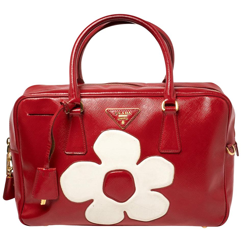 Prada Red/White Vernice Saffiano Patent Leather Flower Bauletto Bag