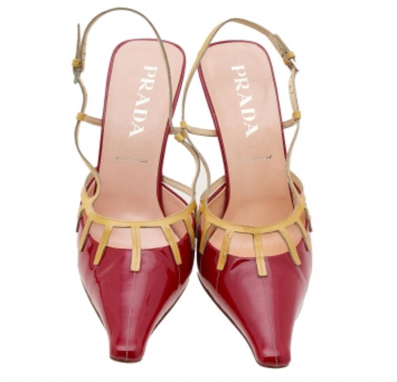 Brown Prada Red/Yellow Patent Leather Slingback Sandals Size 39.5 For Sale