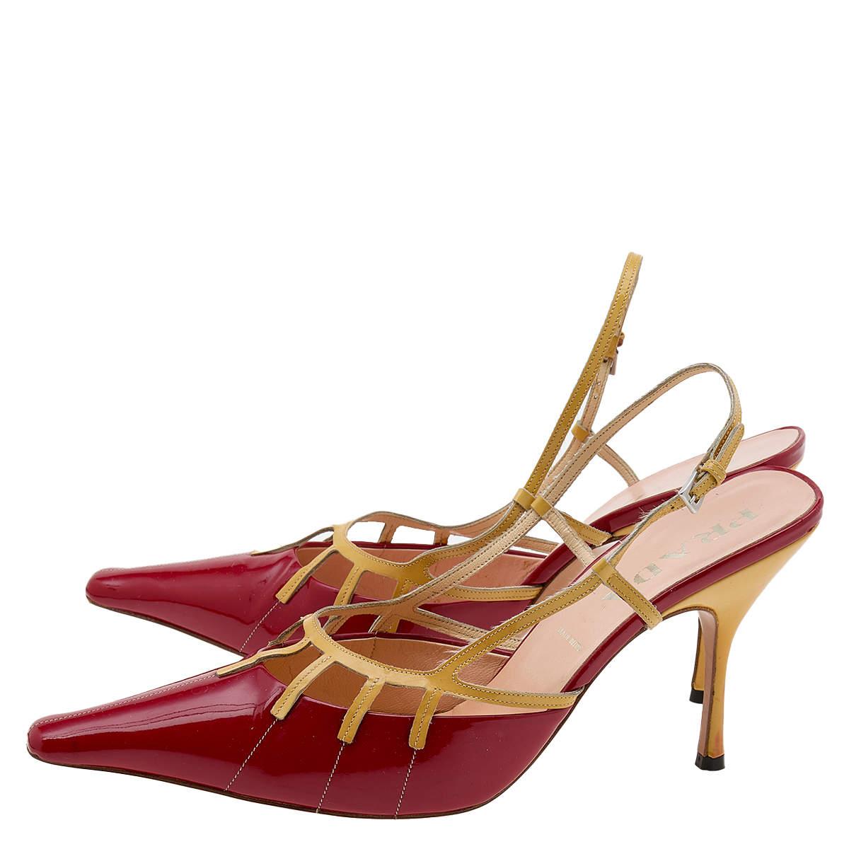 Prada Red/Yellow Patent Leather Slingback Sandals Size 39.5 In Good Condition In Dubai, Al Qouz 2
