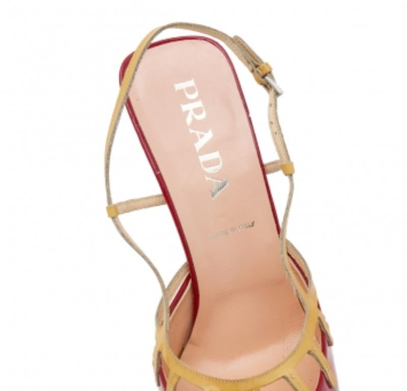 Prada Red/Yellow Patent Leather Slingback Sandals Size 39.5 In Fair Condition For Sale In Dubai, Al Qouz 2