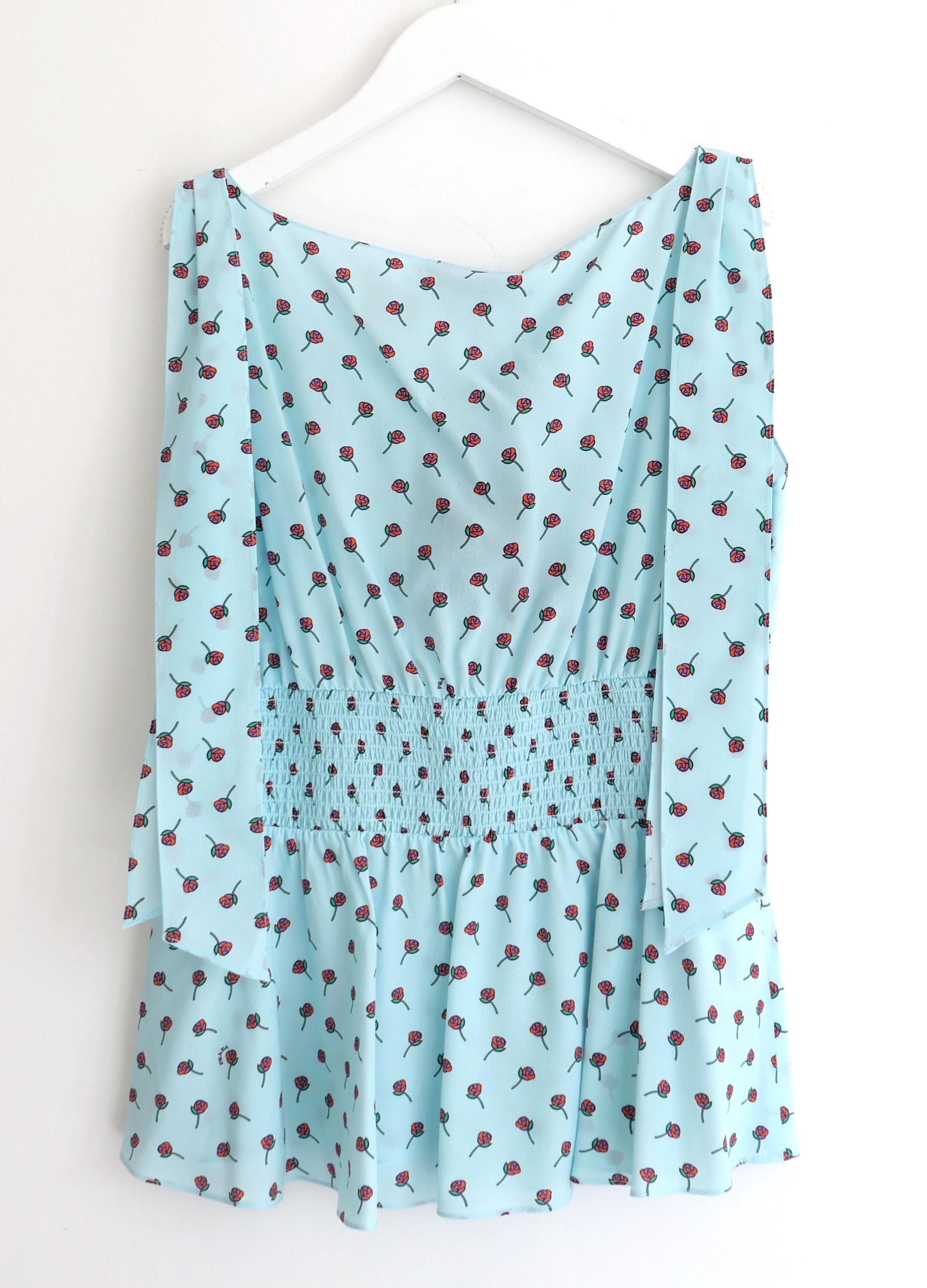 Blue Prada Resort 2017 Rose Print Bow Shoulder Sleeveless Silk Blouse For Sale