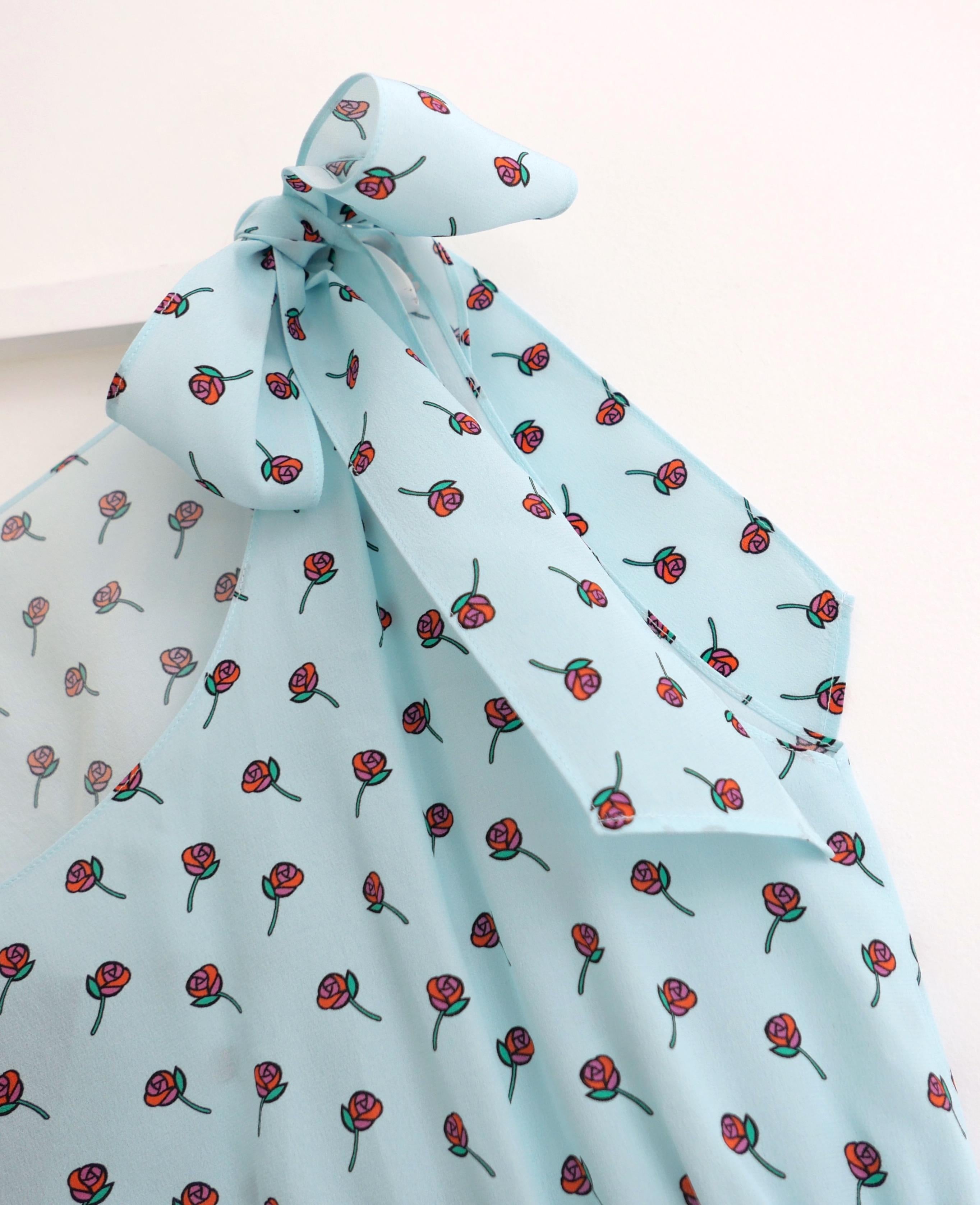 Prada Resort 2017 Rose Print Bow Shoulder Sleeveless Silk Blouse In New Condition For Sale In London, GB
