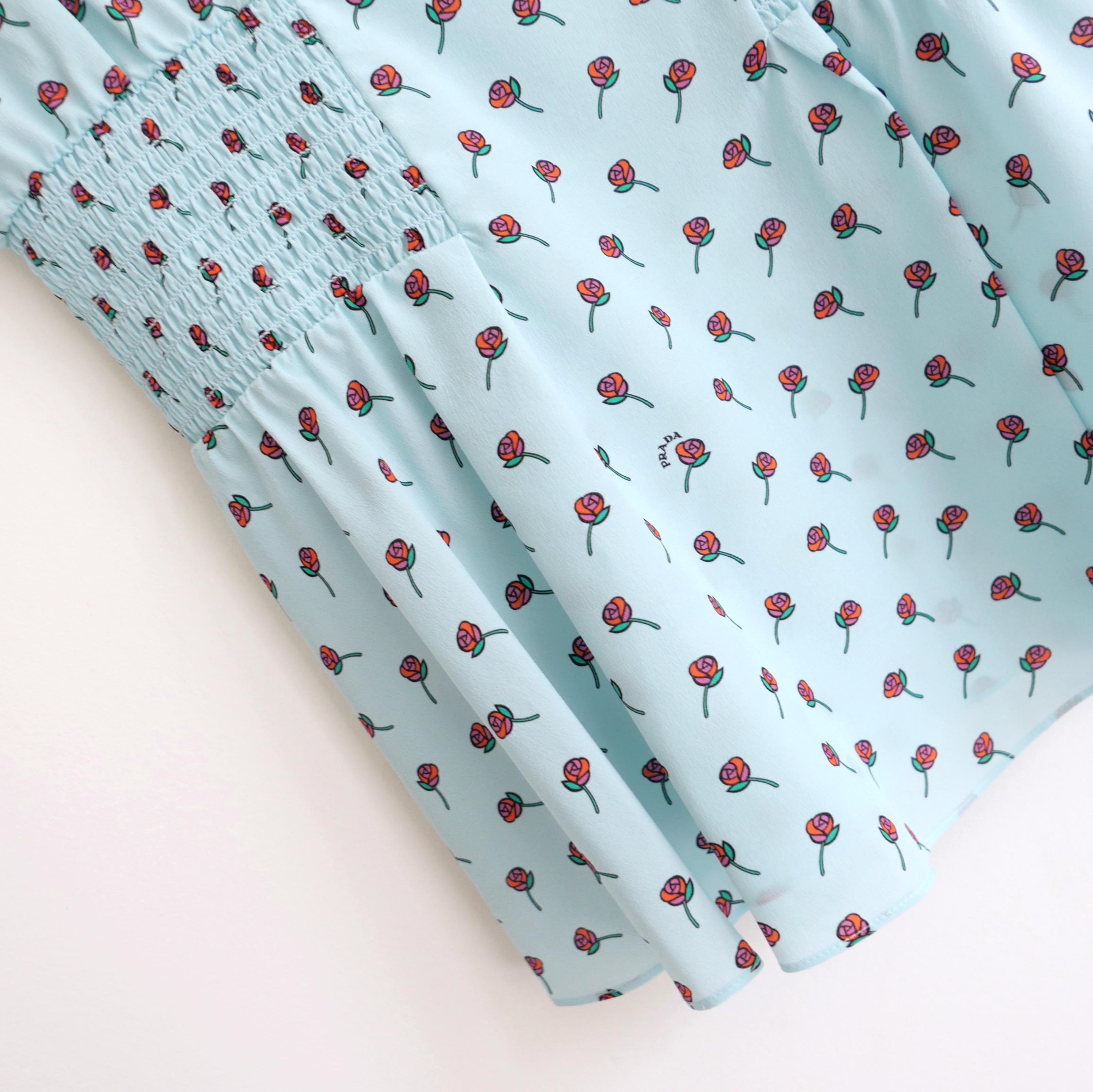 Women's Prada Resort 2017 Rose Print Bow Shoulder Sleeveless Silk Blouse For Sale