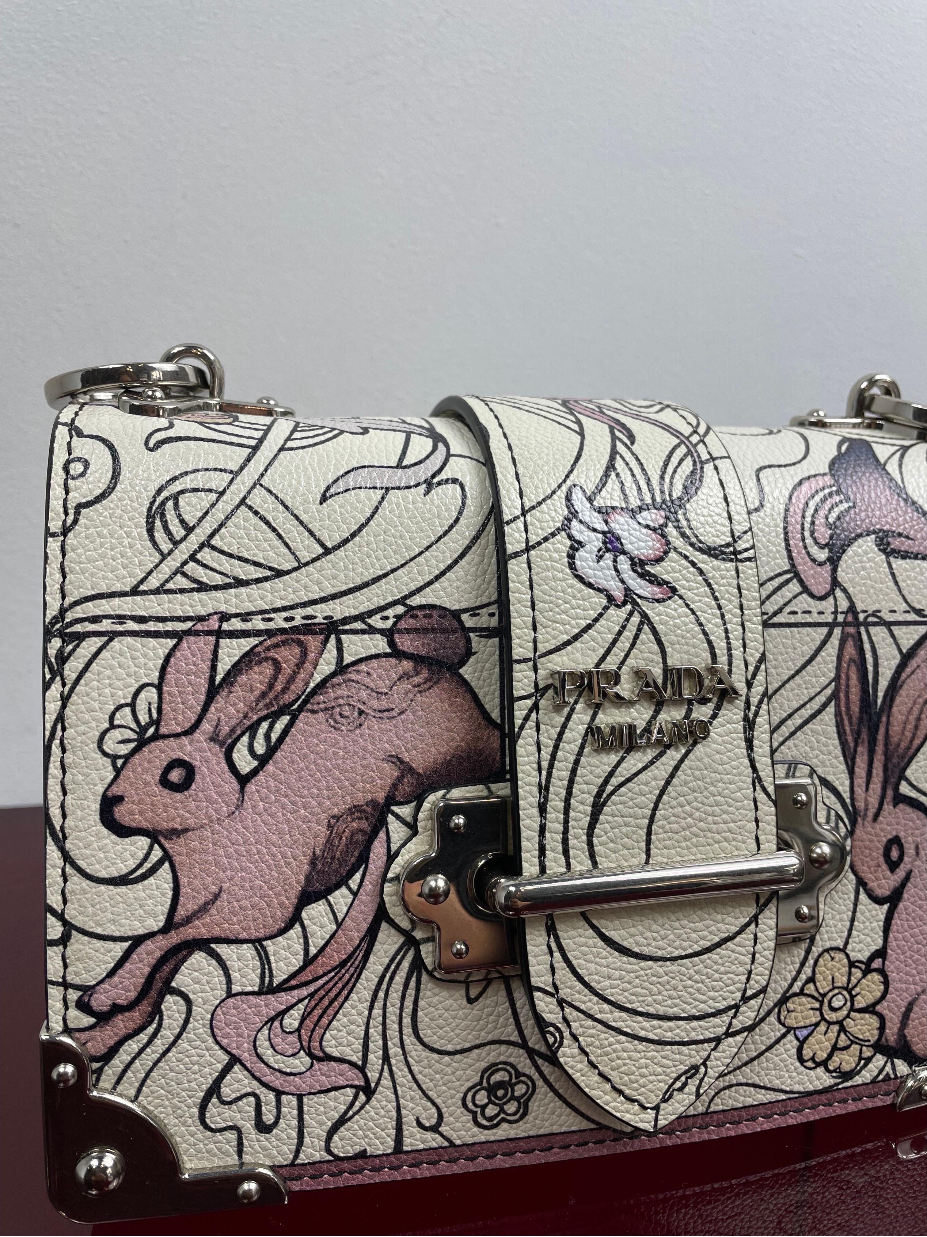 Prada cahier glace Rabbit bag.
Resort 2018 collection.
Featuring James Jean artist.
Shoulder strap is removable. 
Height 14 cm
Width 20 cm 
Depth 10 cm
Shoulder strap 40 cm 
It comes with original dust bag.
Conditions: very good - it was rarely used