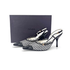Prada Retro Vintage Cap Toe Mini Buckle Fringe Embellished Slingback Pumps 37