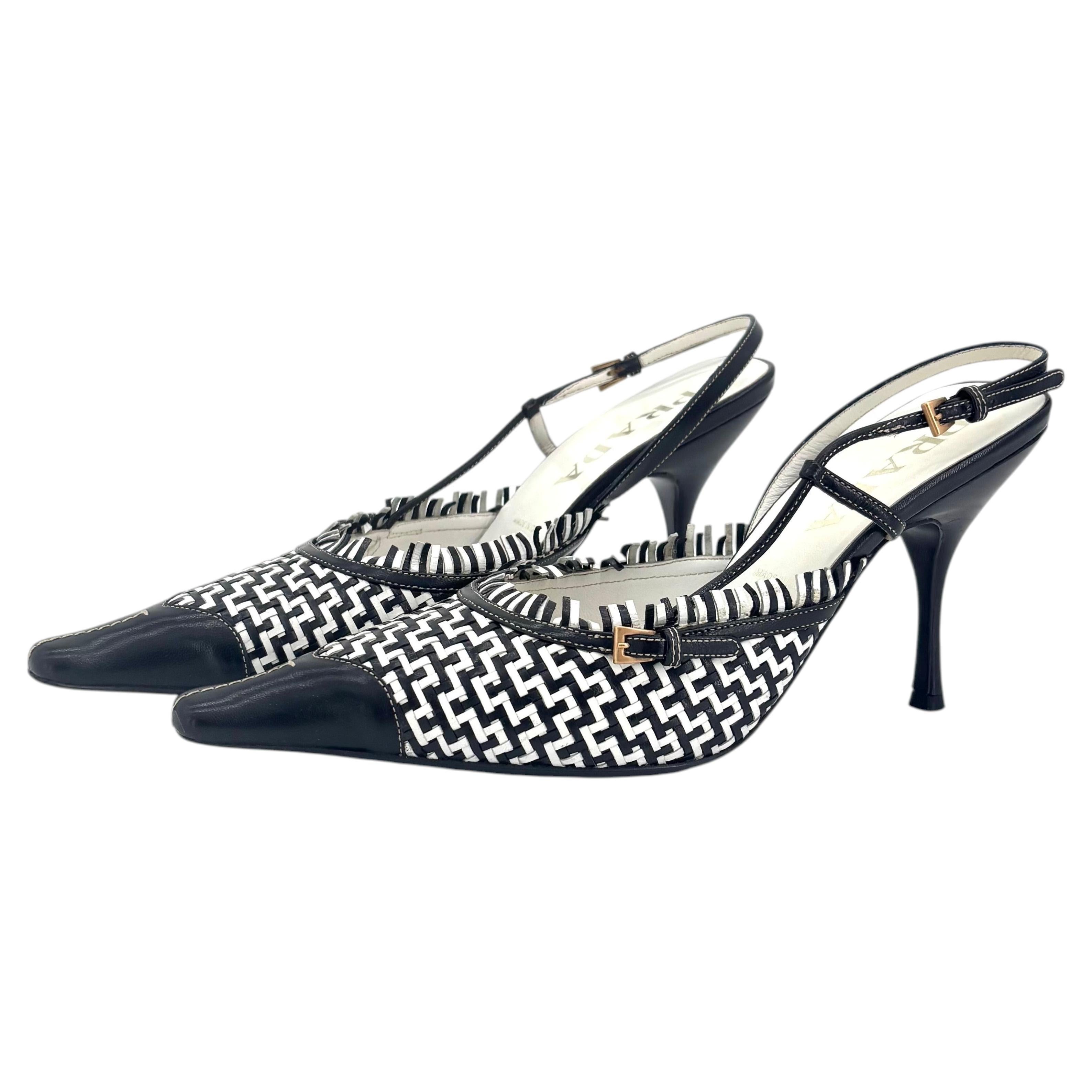 Prada Retro Vintage Cap Toe Mini Buckle Fringe Embellished Slingback Pumps 37 For Sale