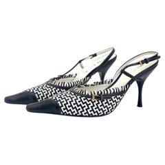Prada Retro Vintage Cap Toe Mini Buckle Fringe Embellished Slingback Pumps 37