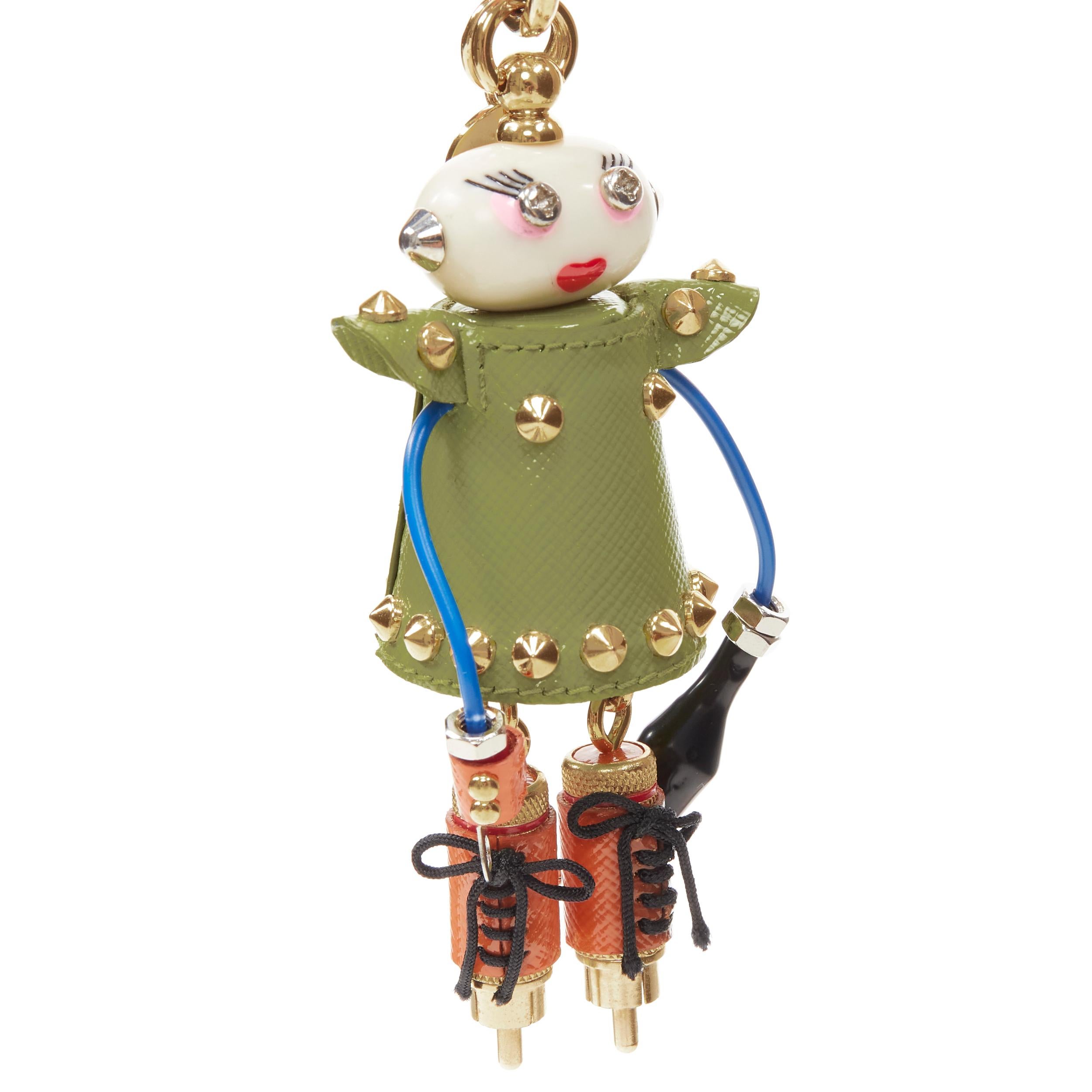 PRADA Robot green saffiano leather gold studded bolts hardware keyring bag charm In Excellent Condition In Hong Kong, NT
