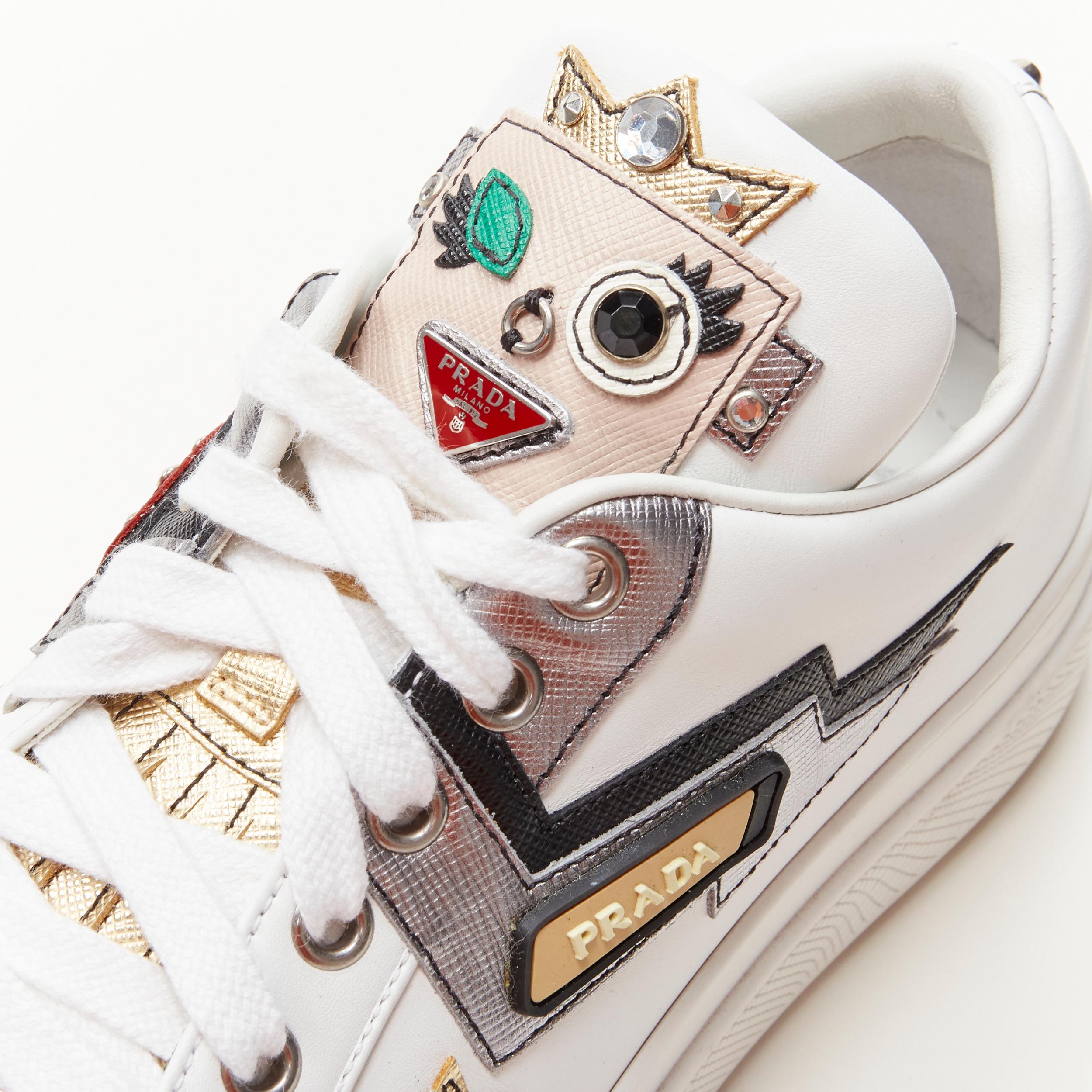 PRADA Robot Queen patchwork embellished white platform sneaker EU36 1