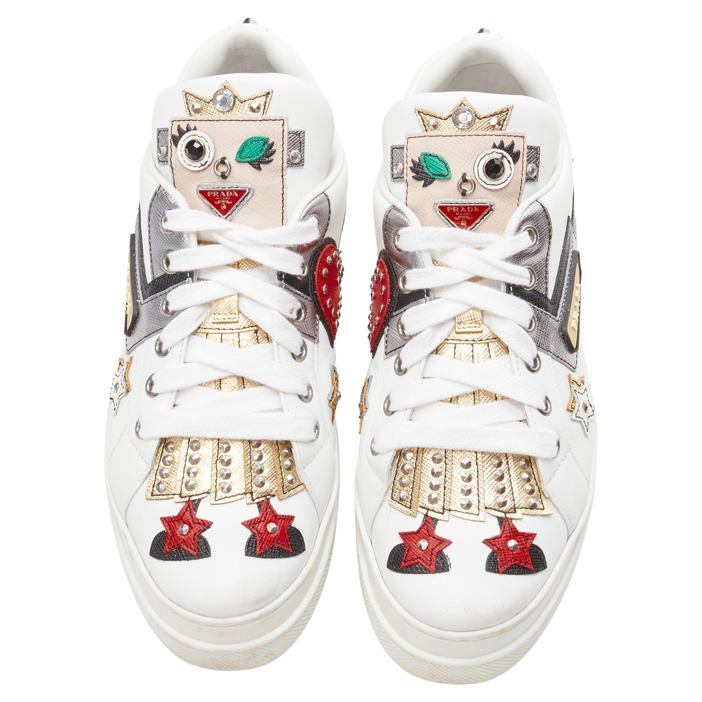 PRADA Robot Queen patchwork embellished white platform sneaker EU36