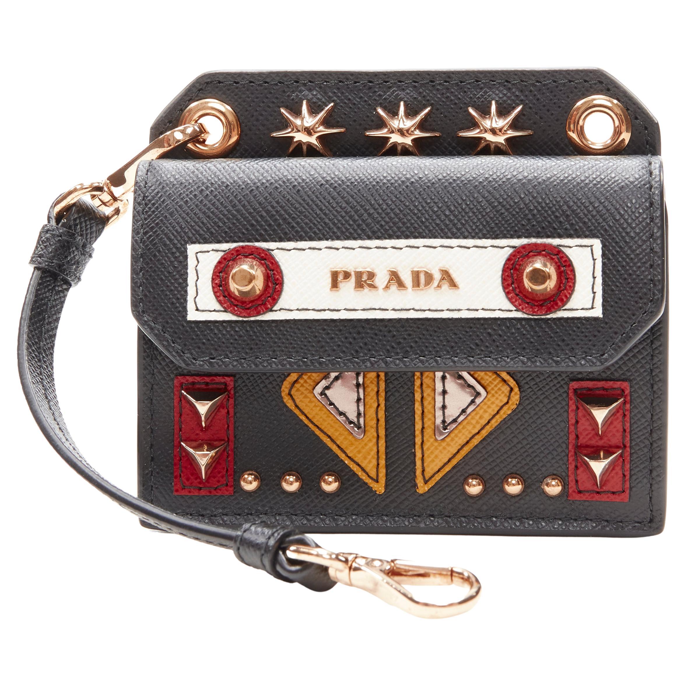 PRADA Robot Stereo black saffiano studded flap cardholder bag charm