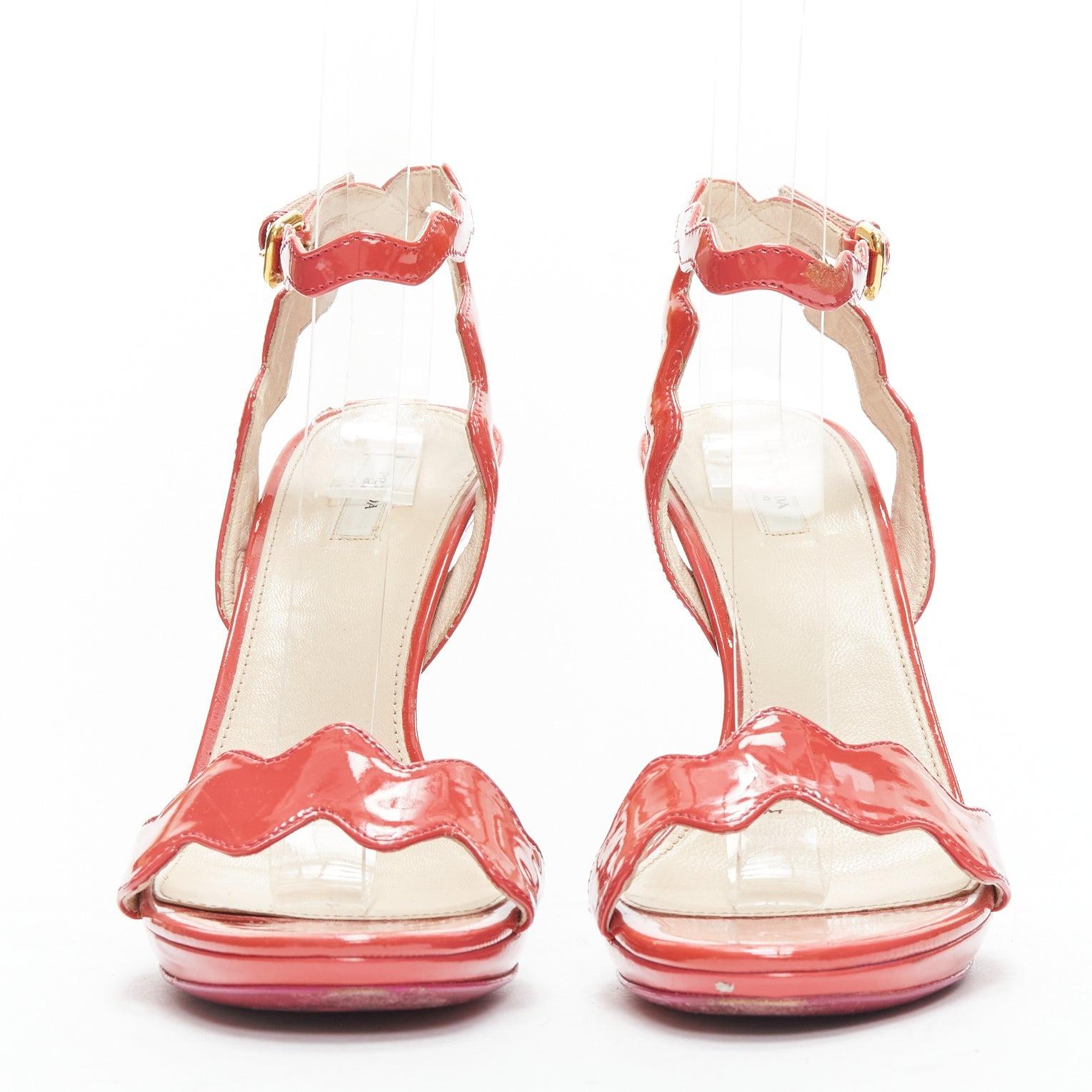 Pink PRADA rose pink patent leather squiggly strap sandal heels EU38.5 For Sale