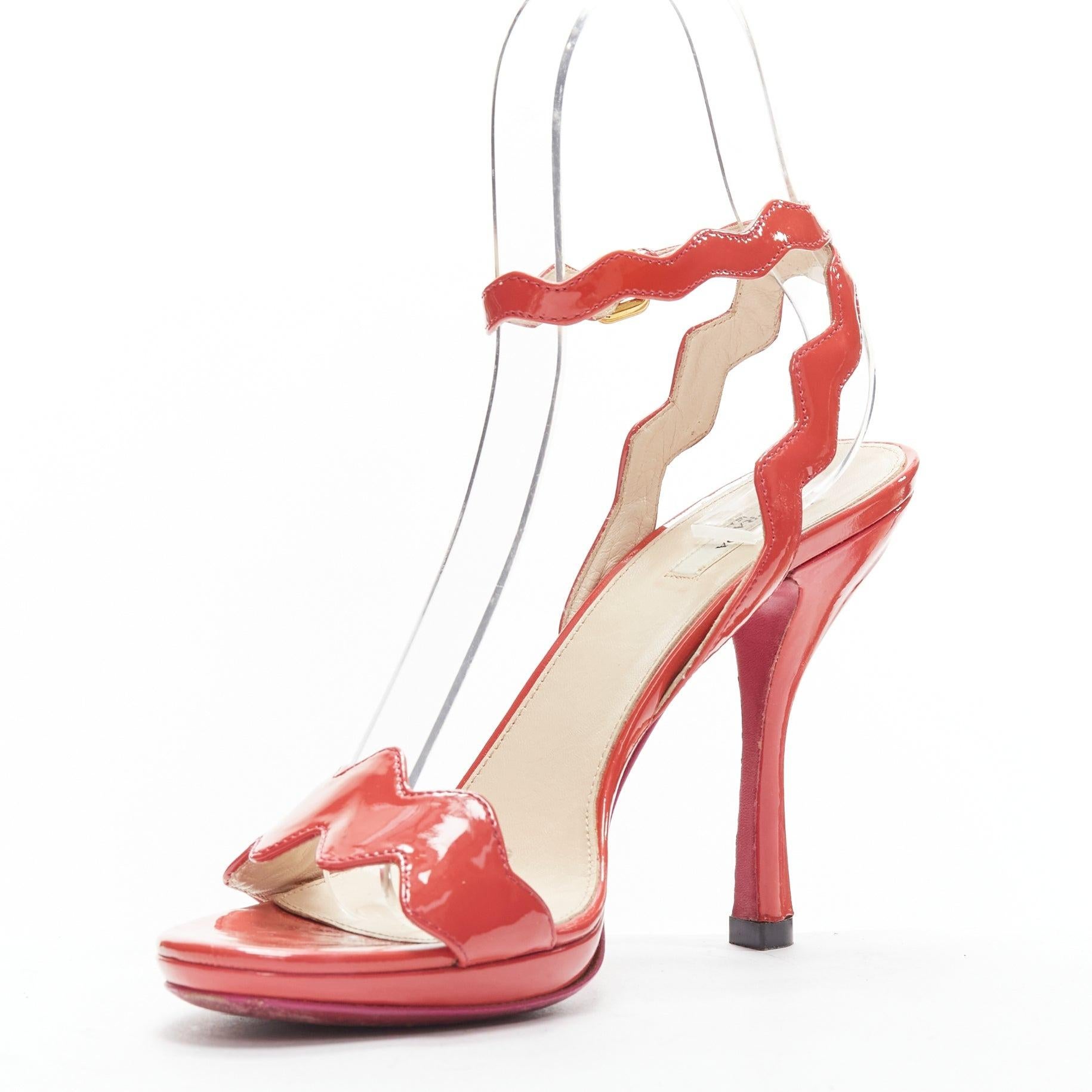 PRADA rose pink patent leather squiggly strap sandal heels EU38.5 In Fair Condition For Sale In Hong Kong, NT