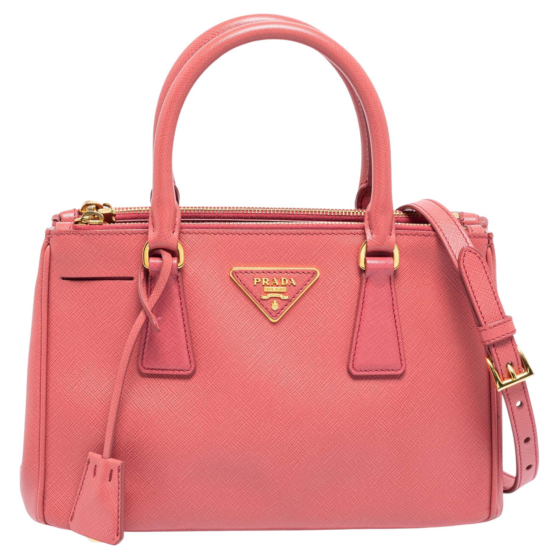 Prada Rose Pink Saffiano Leather Small Double Zip Tote For Sale at 1stDibs
