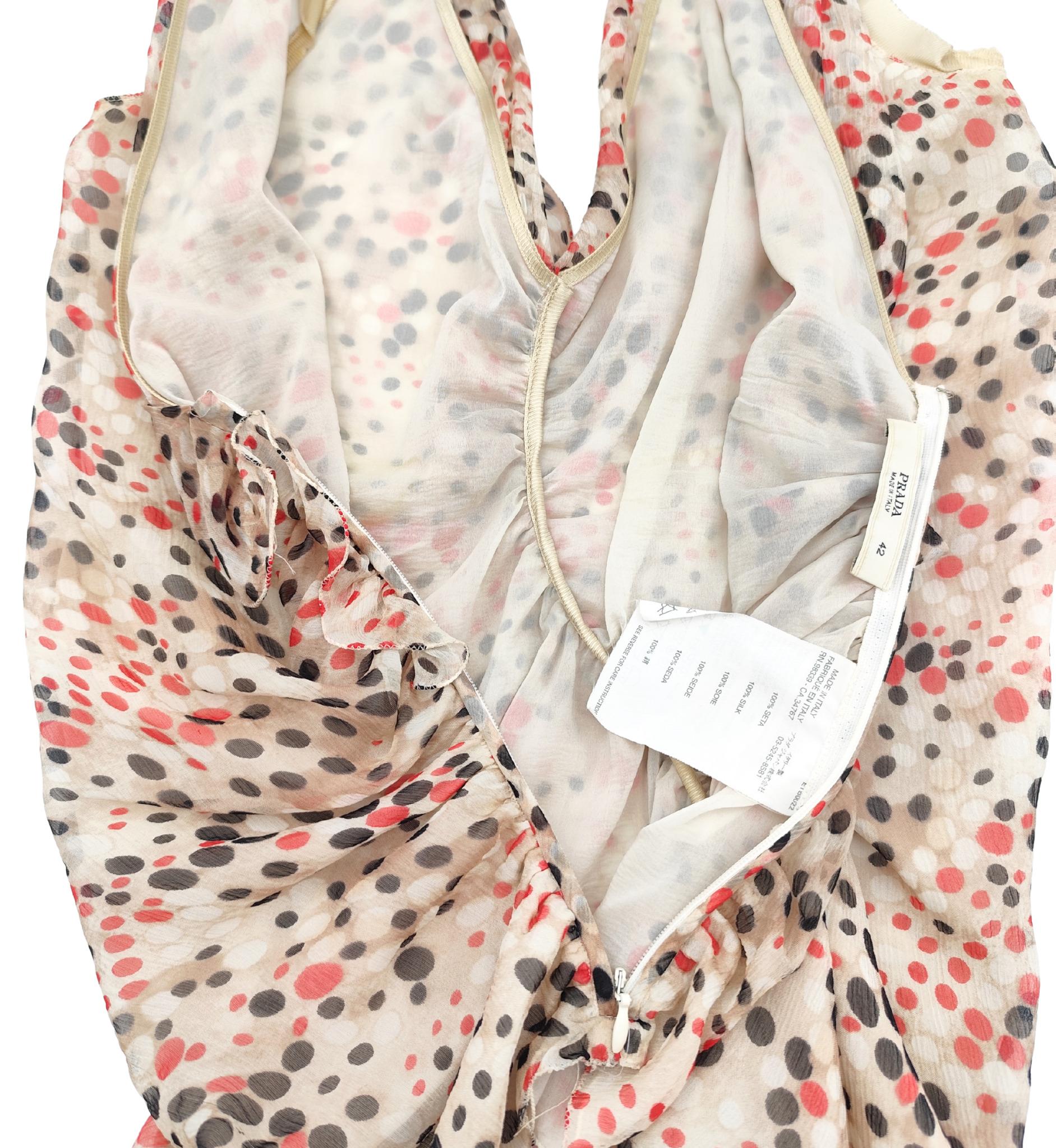 Prada ruched silk multicolor polkadot print top and skirt set For Sale 7