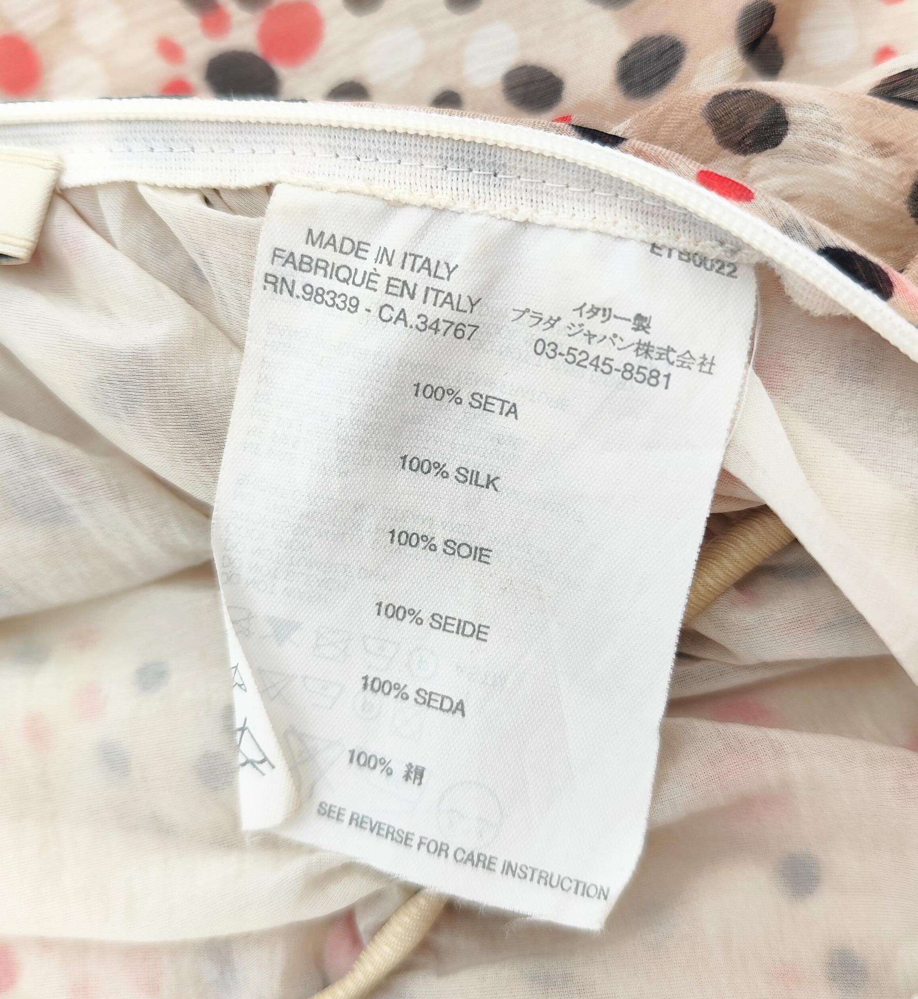 Prada ruched silk multicolor polkadot print top and skirt set For Sale 14