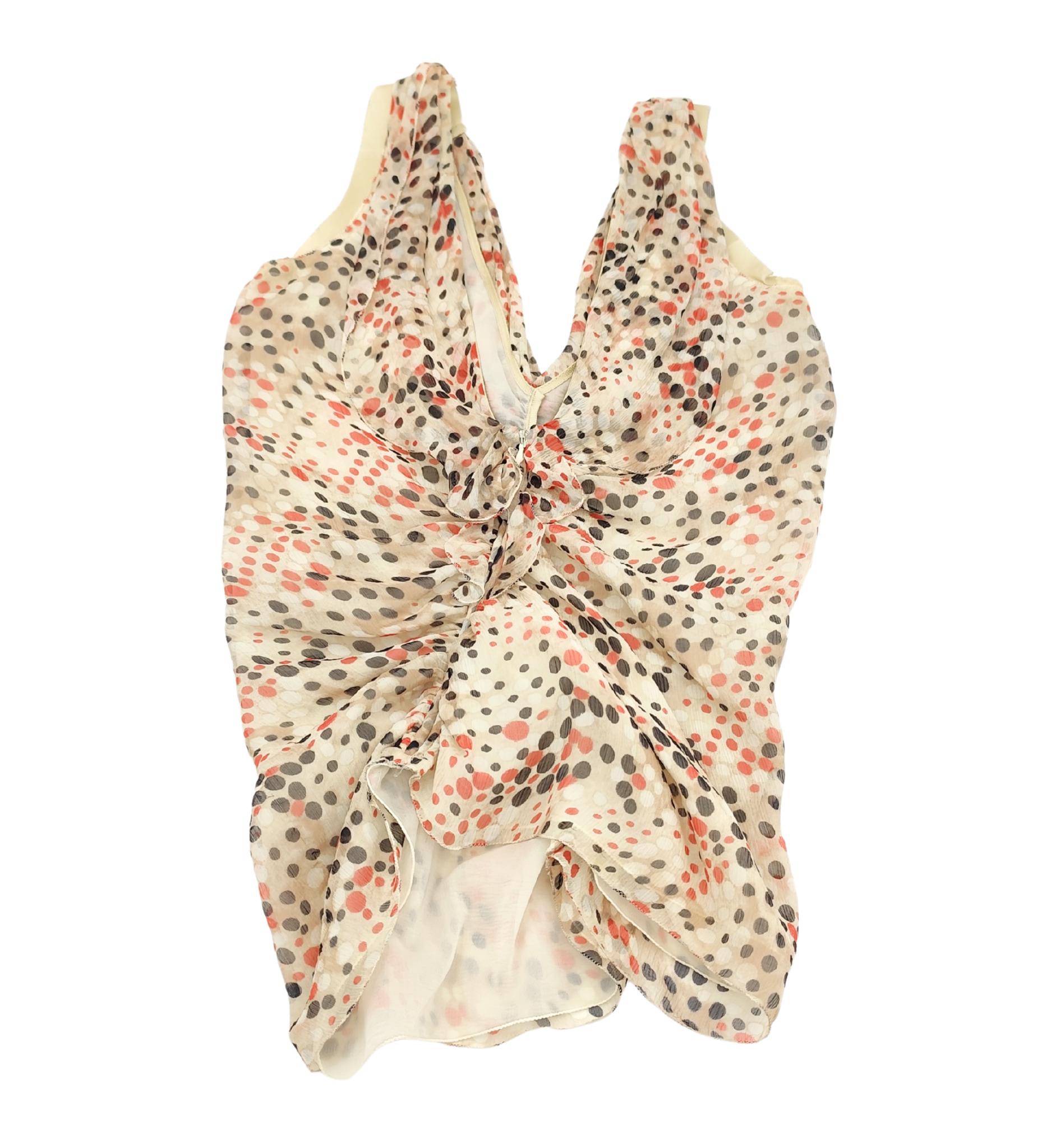 Prada ruched silk multicolor polkadot print top and skirt set For Sale 1