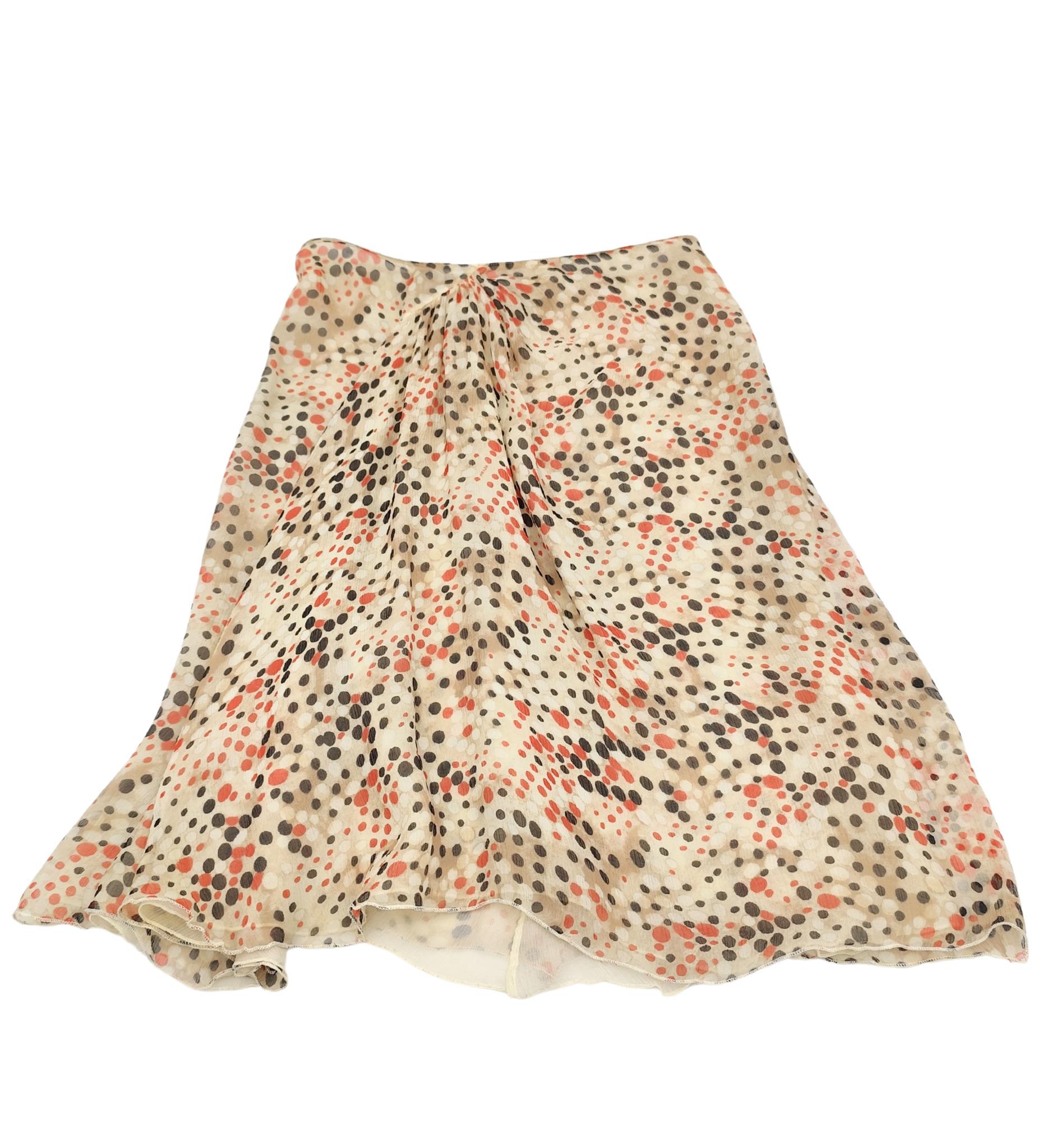Prada ruched silk multicolor polkadot print top and skirt set For Sale 2