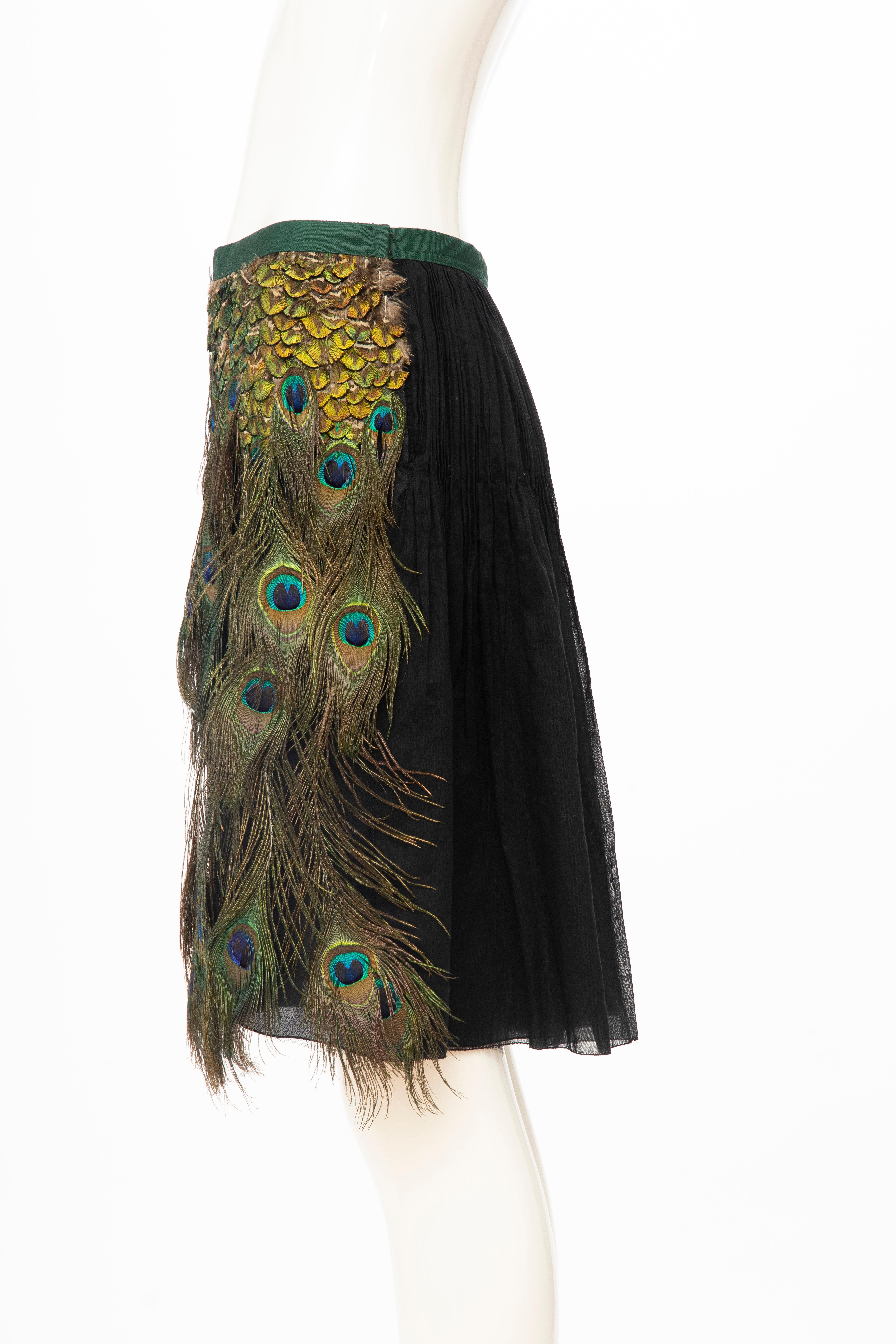 Prada Runway Black Cotton Pleated Skirt Appliquéd Peacock Feathers, Spring 2005 For Sale 3