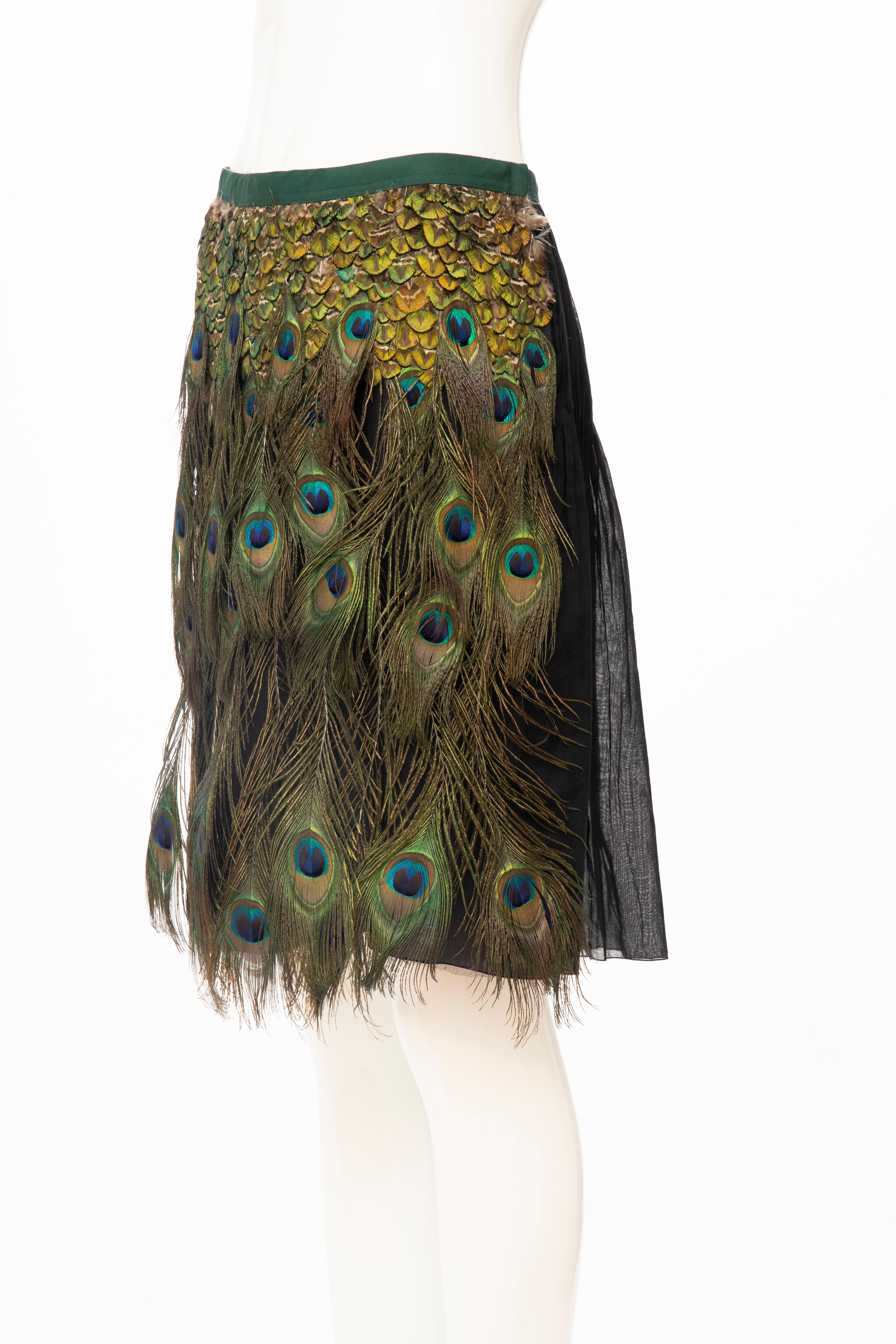 Prada Runway Black Cotton Pleated Skirt Appliquéd Peacock Feathers, Spring 2005 For Sale 4
