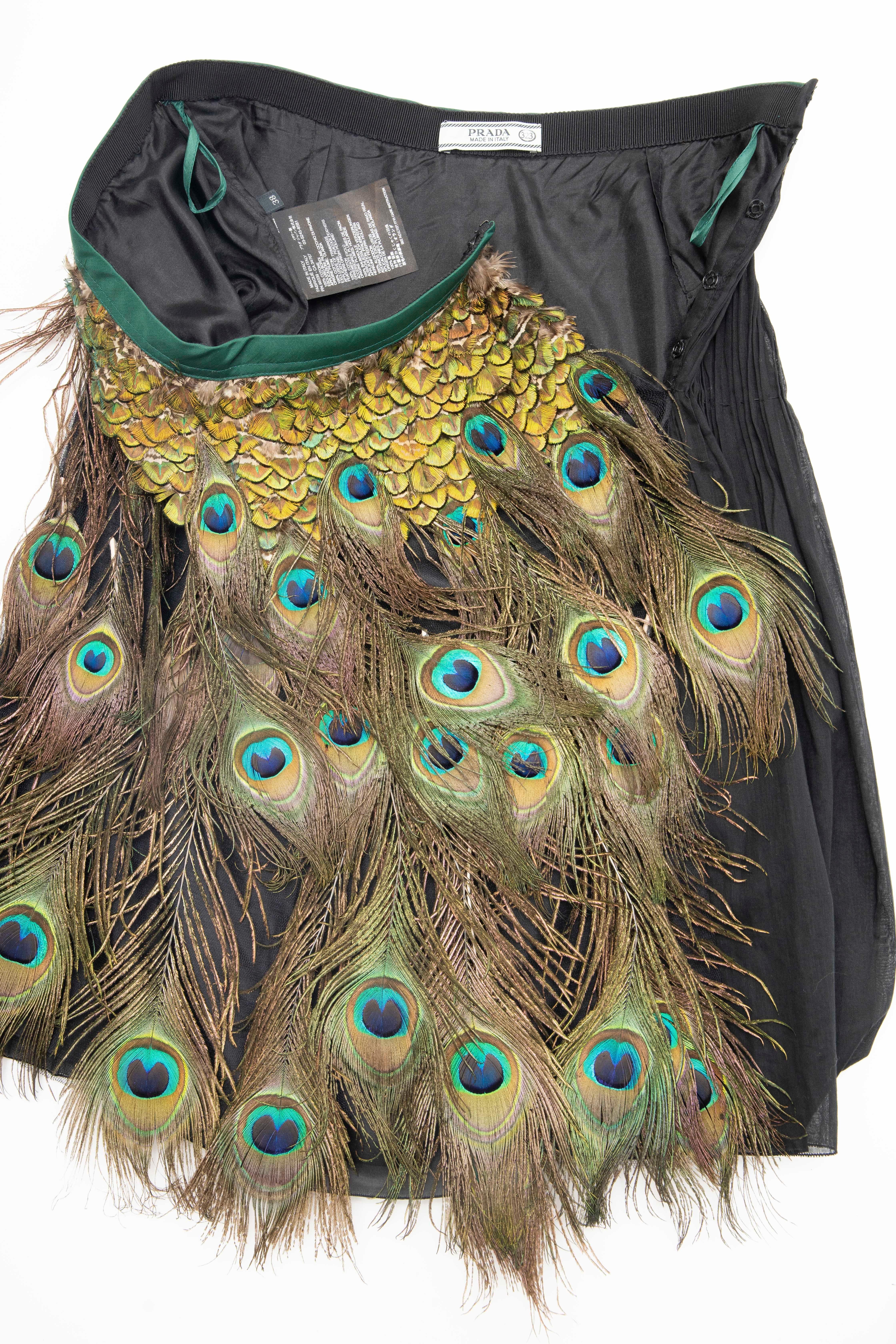 Prada Runway Black Cotton Pleated Skirt Appliquéd Peacock Feathers, Spring 2005 For Sale 5