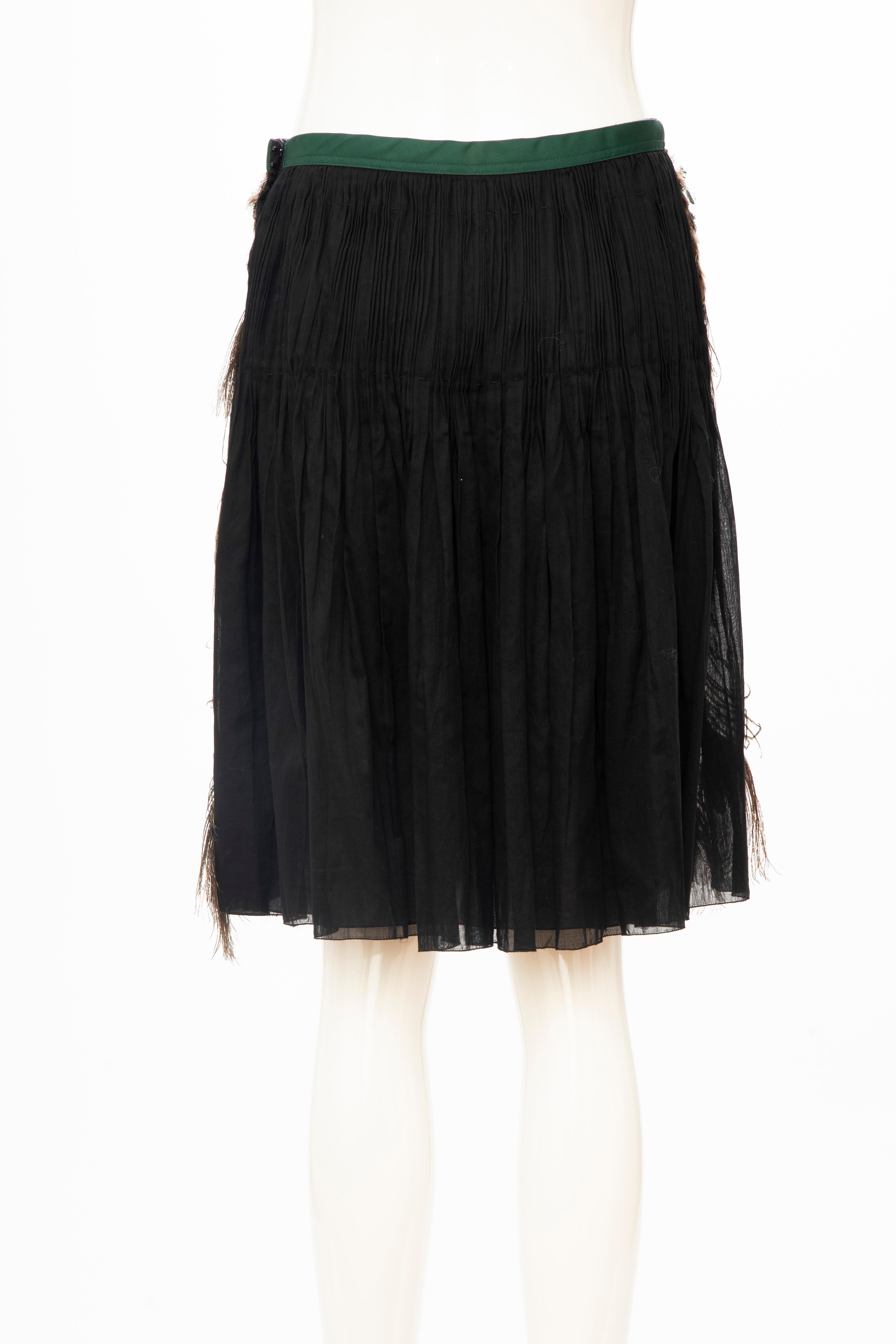 Women's Prada Runway Black Cotton Pleated Skirt Appliquéd Peacock Feathers, Spring 2005 For Sale