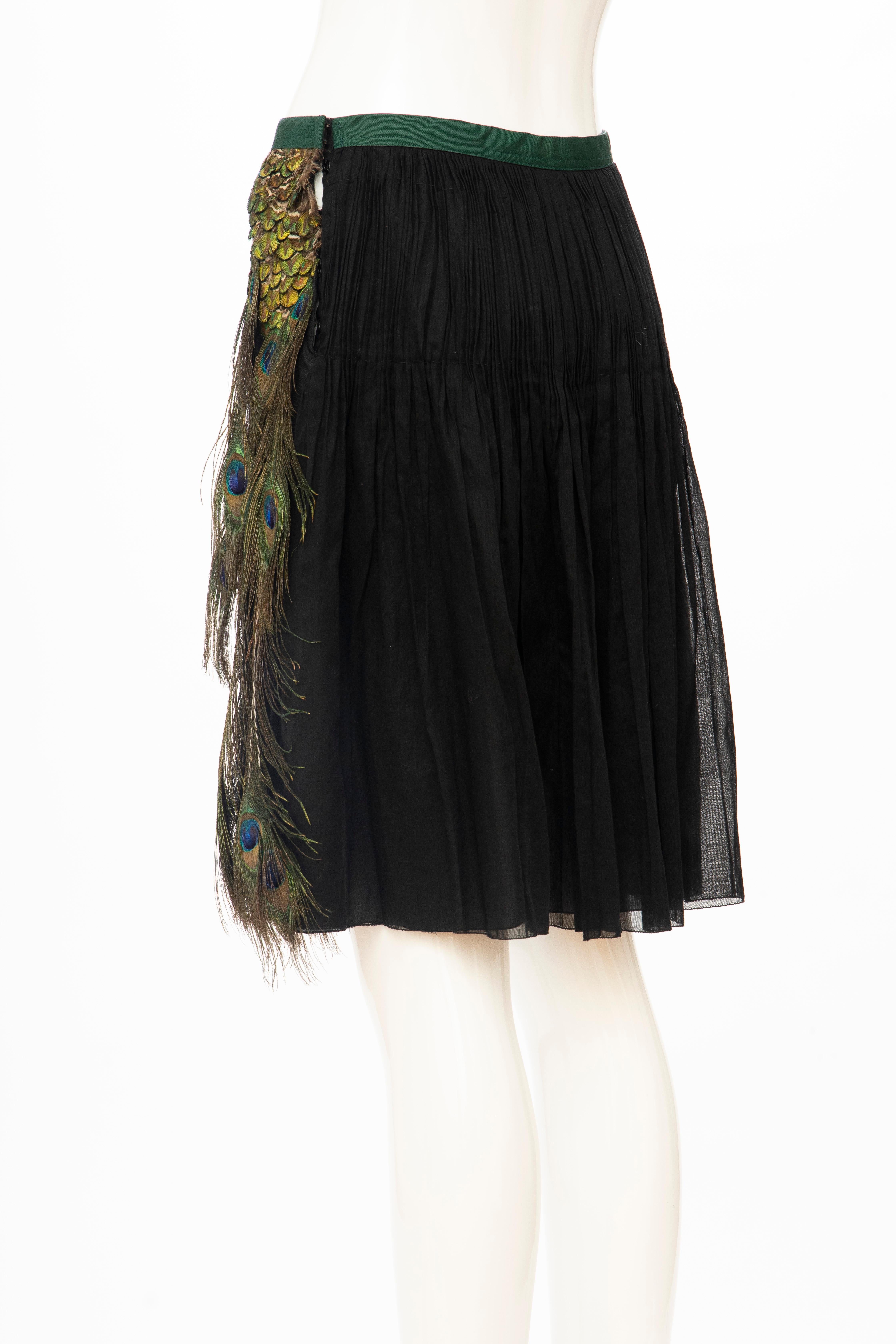 Prada Runway Black Cotton Pleated Skirt Appliquéd Peacock Feathers, Spring 2005 For Sale 1