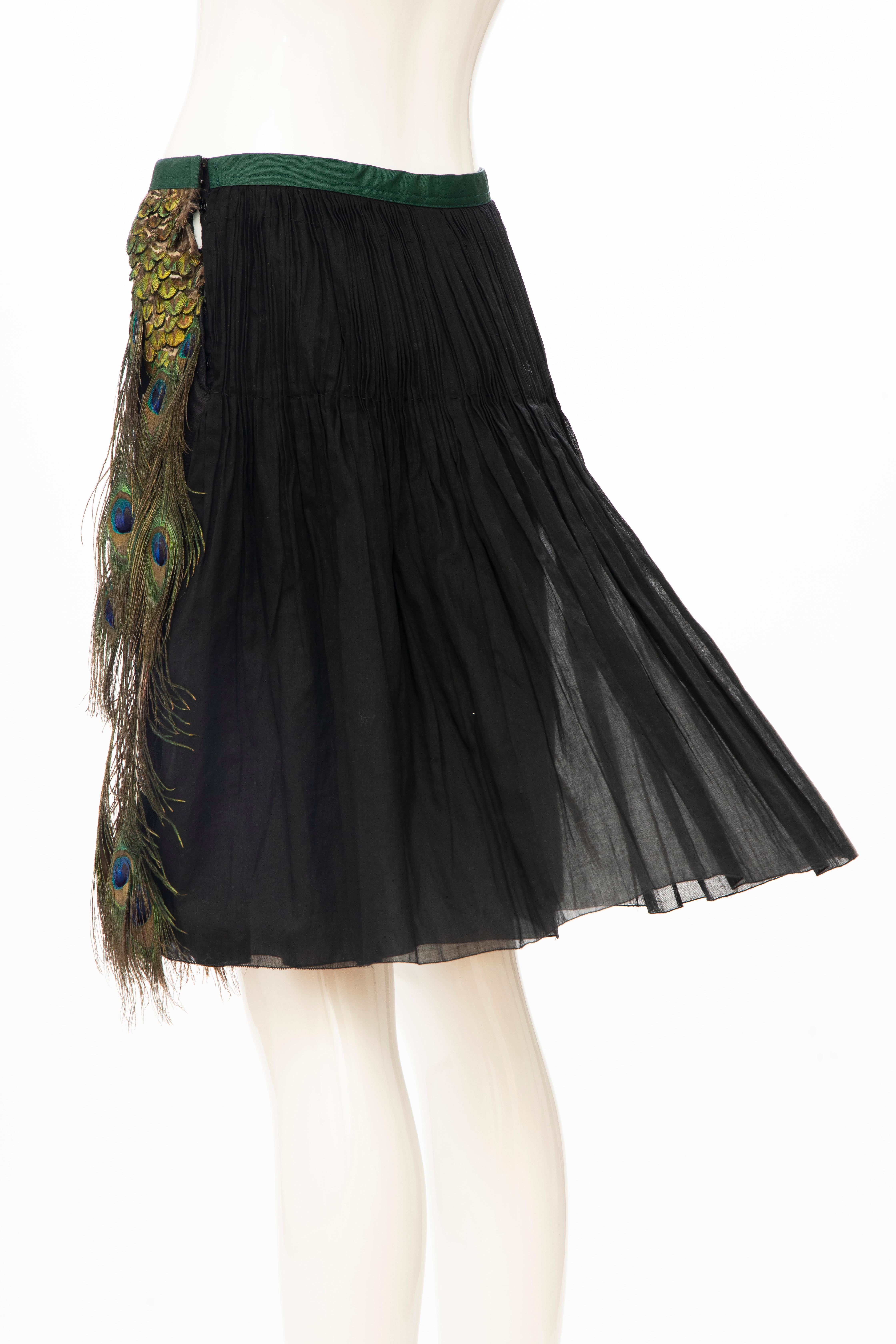 Prada Runway Black Cotton Pleated Skirt Appliquéd Peacock Feathers, Spring 2005 For Sale 2