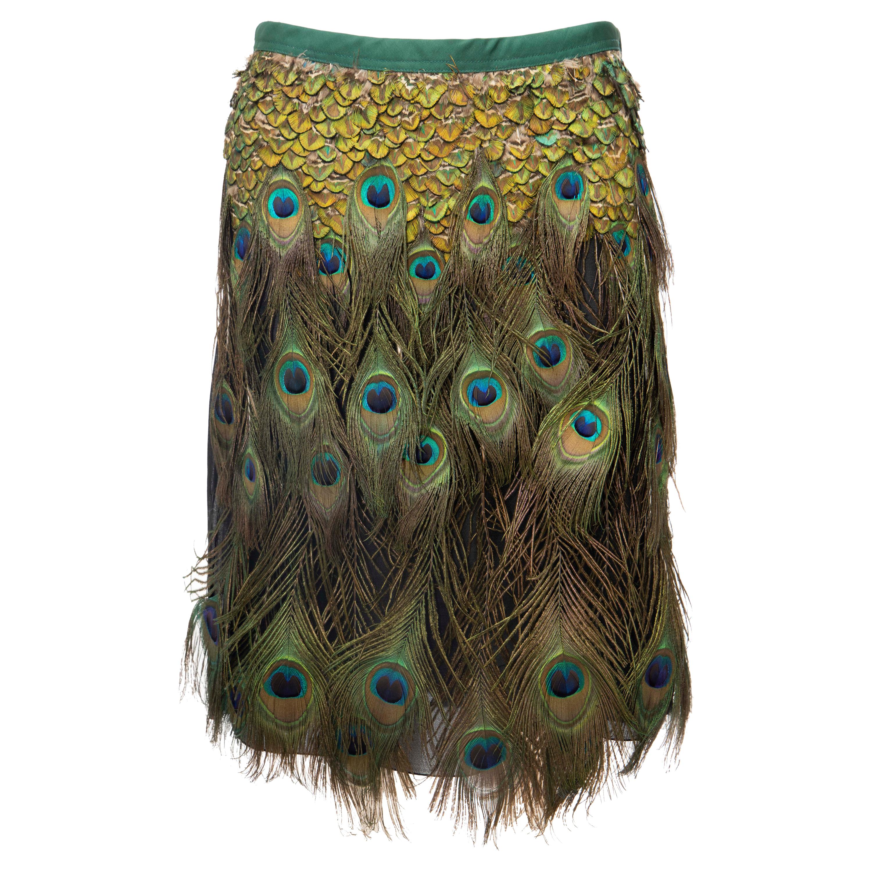 Prada Runway Black Cotton Pleated Skirt Appliquéd Peacock Feathers, Spring 2005 For Sale