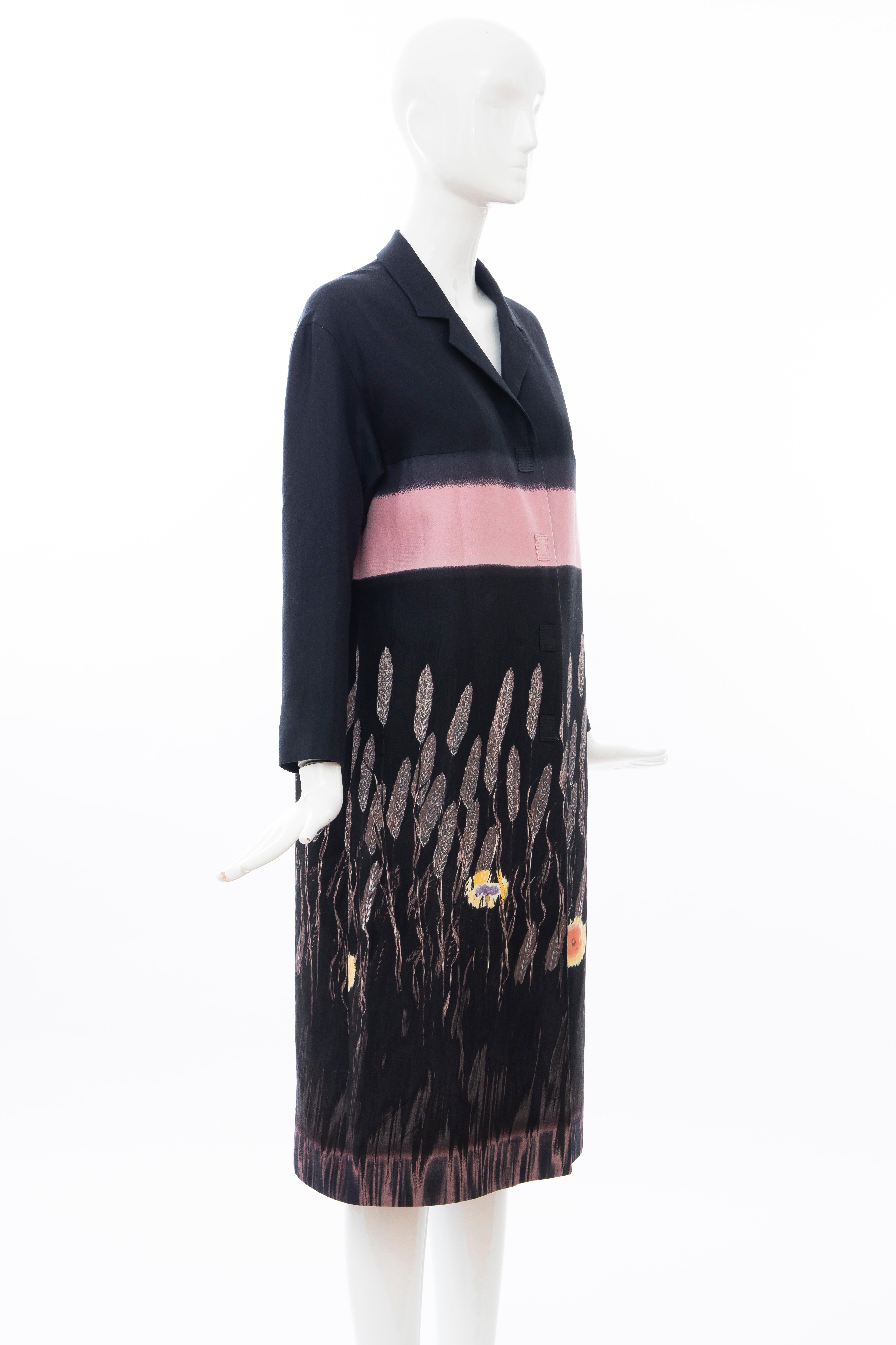 Women's Prada Runway Black Silk Cotton Printed Snap Front Lightweight Coat, Spring 1998 For Sale