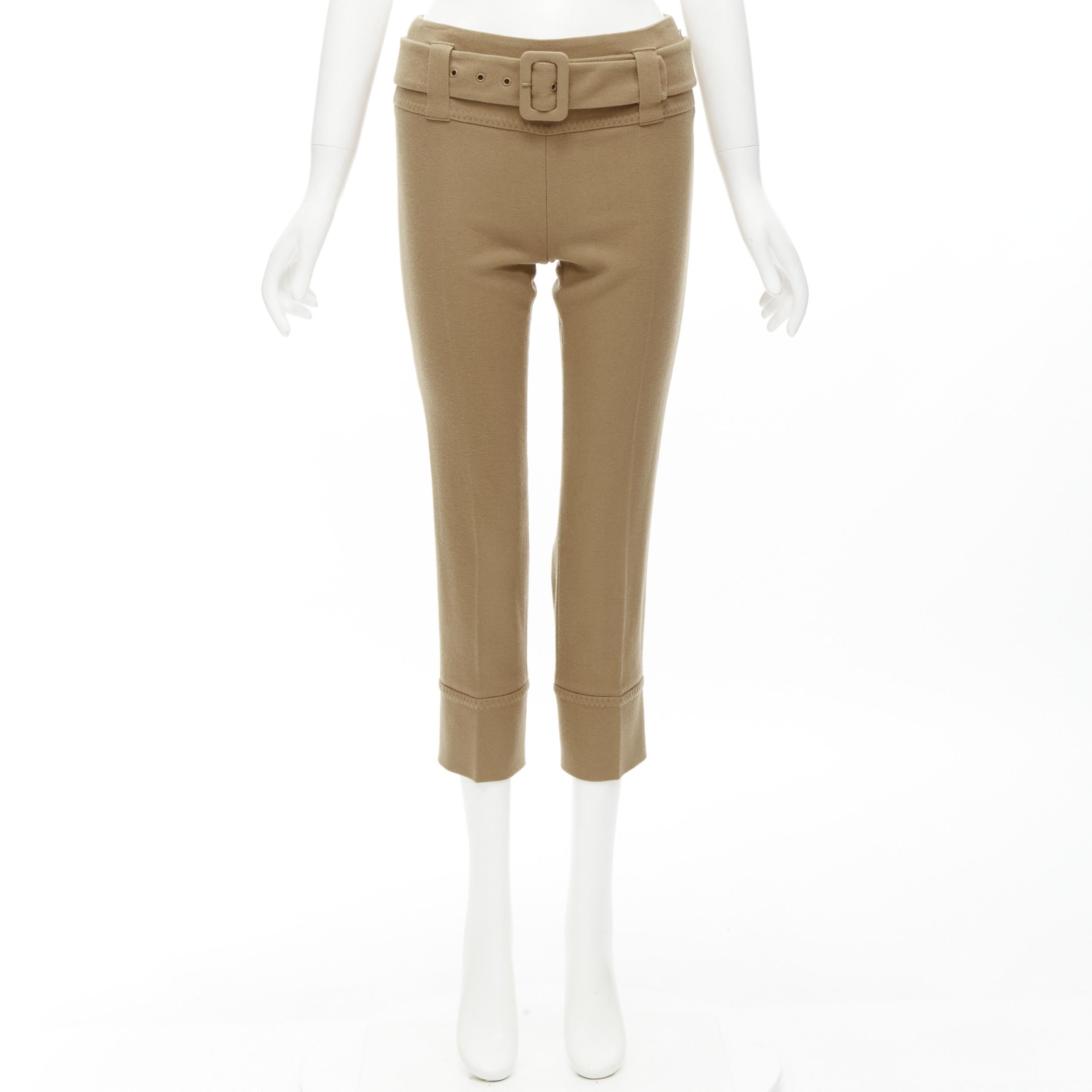 PRADA Runway camel tan wool buckle belt tapered cropped pants XS For Sale 3