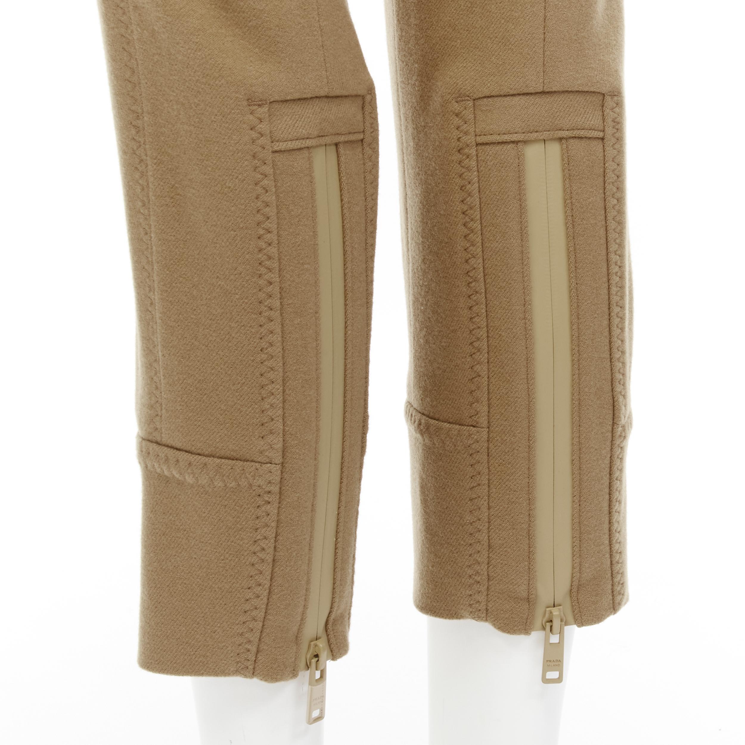 Women's PRADA Runway camel tan wool buckle belt tapered cropped pants XS For Sale