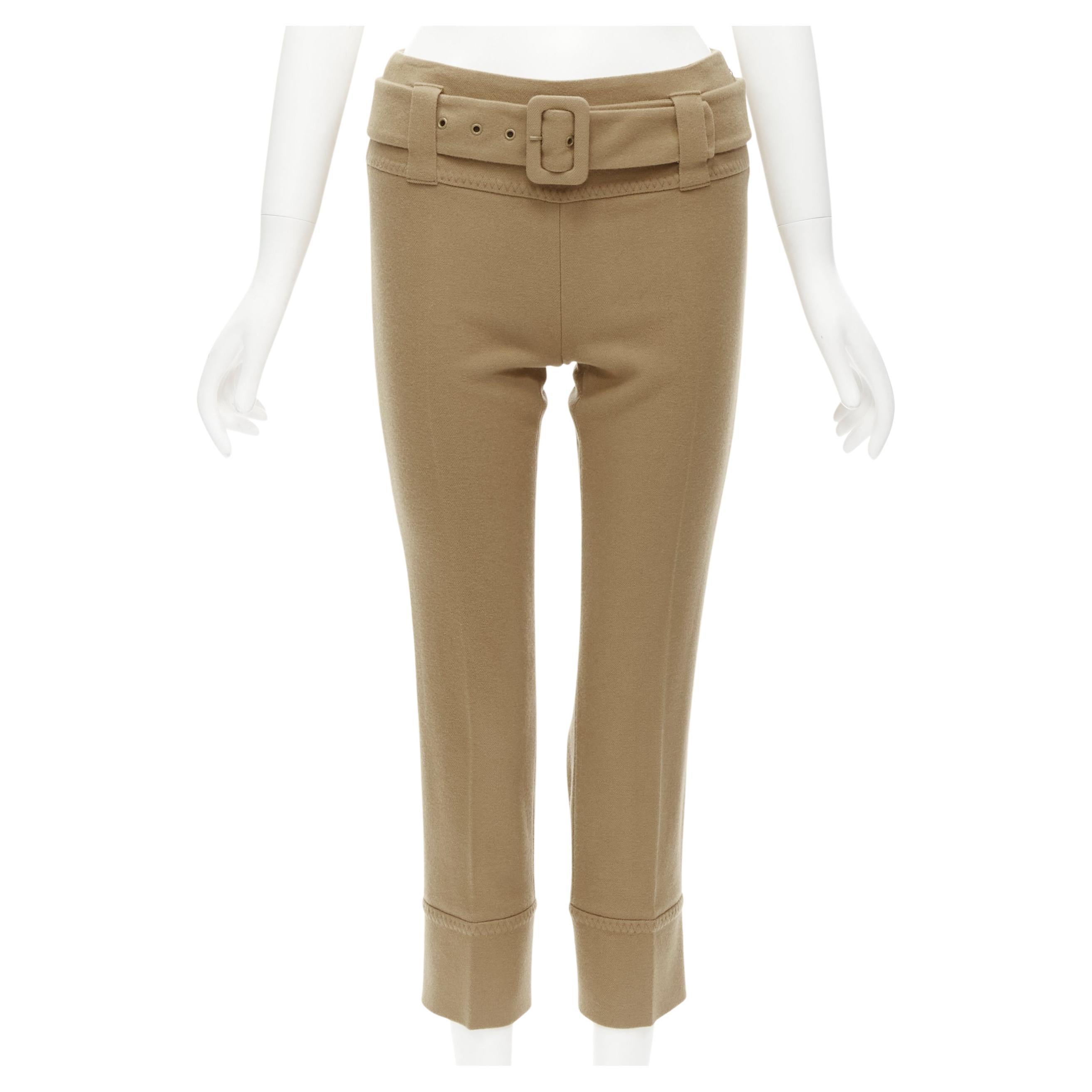 PRADA Runway camel tan wool buckle belt tapered cropped pants XS For Sale