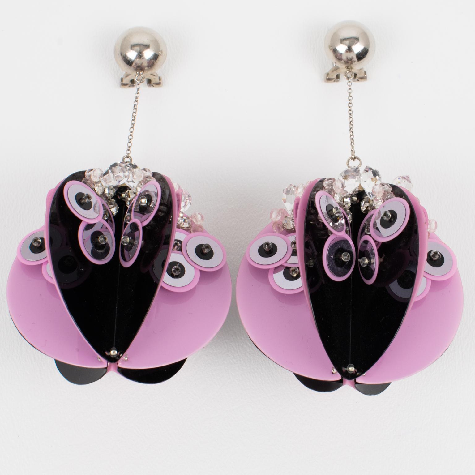 Prada Runway Collection Extra-Wide Pink and Black Sequin Earrings In Excellent Condition For Sale In Atlanta, GA